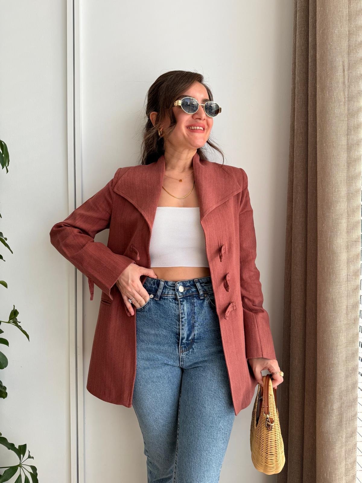 Kiremit Mendil Yaka Biyeli Blazer Ceket 7517