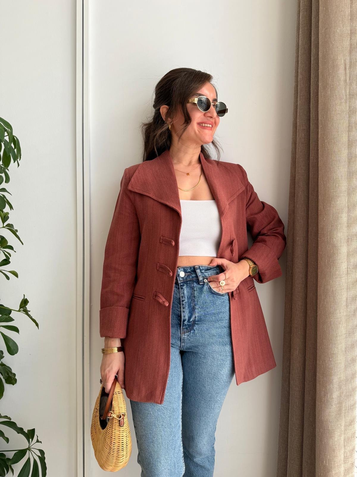 Kiremit Mendil Yaka Biyeli Blazer Ceket 7517