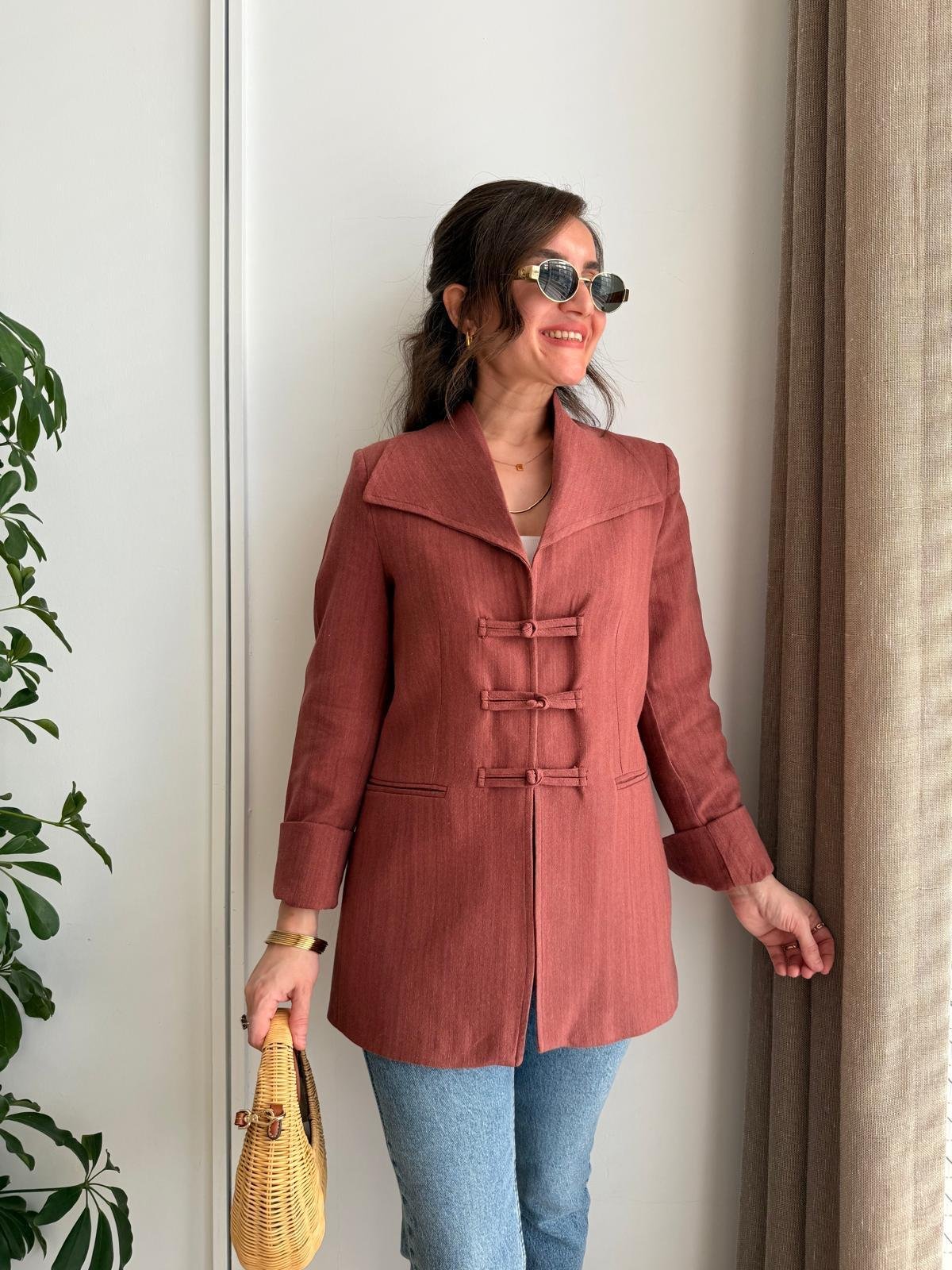 Kiremit Mendil Yaka Biyeli Blazer Ceket 7517
