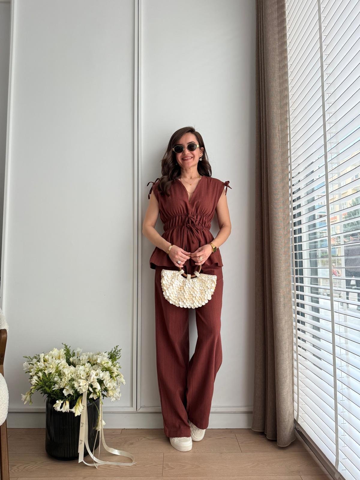Kiremit Omuz Bel Bağlama Detaylı Bluz Pantolon Takım 8612