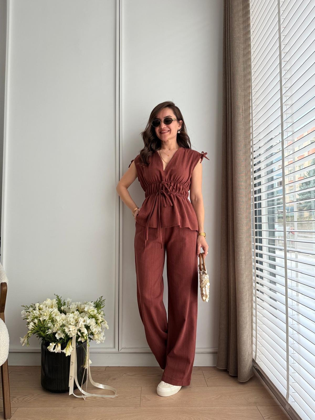 Kiremit Omuz Bel Bağlama Detaylı Bluz Pantolon Takım 8612