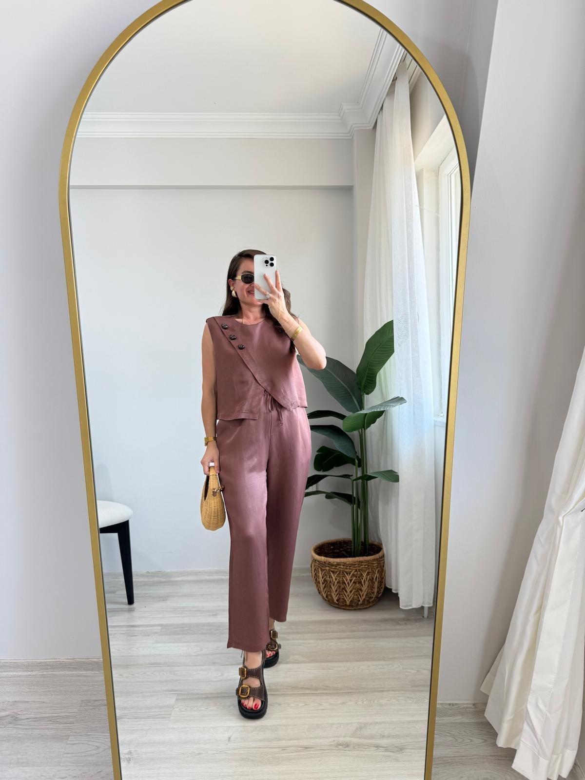 Kiremit Parlak Çapraz Düğme Detaylı Bluz Pantolon Takım 0611