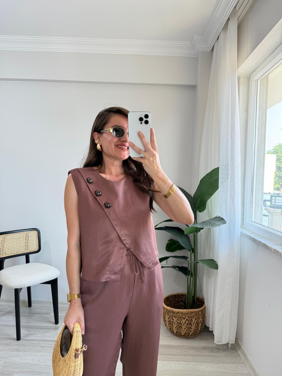 Kiremit Parlak Çapraz Düğme Detaylı Bluz Pantolon Takım 0611