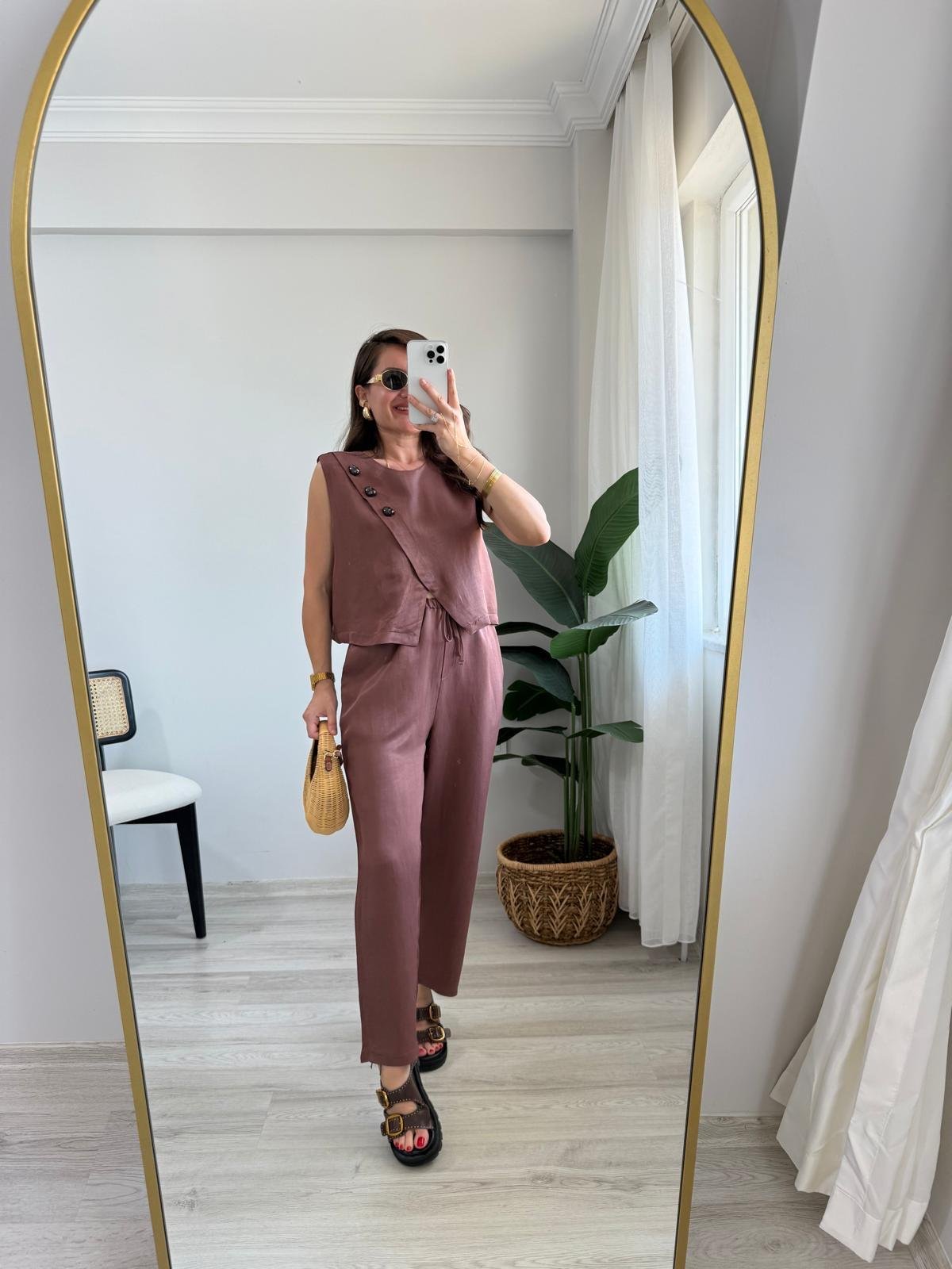 Kiremit Parlak Çapraz Düğme Detaylı Bluz Pantolon Takım 0611