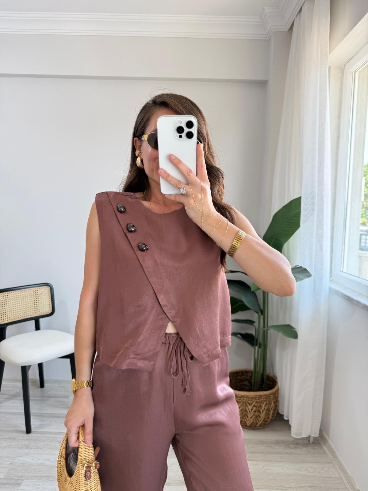 Kiremit Parlak Çapraz Düğme Detaylı Bluz Pantolon Takım 0611