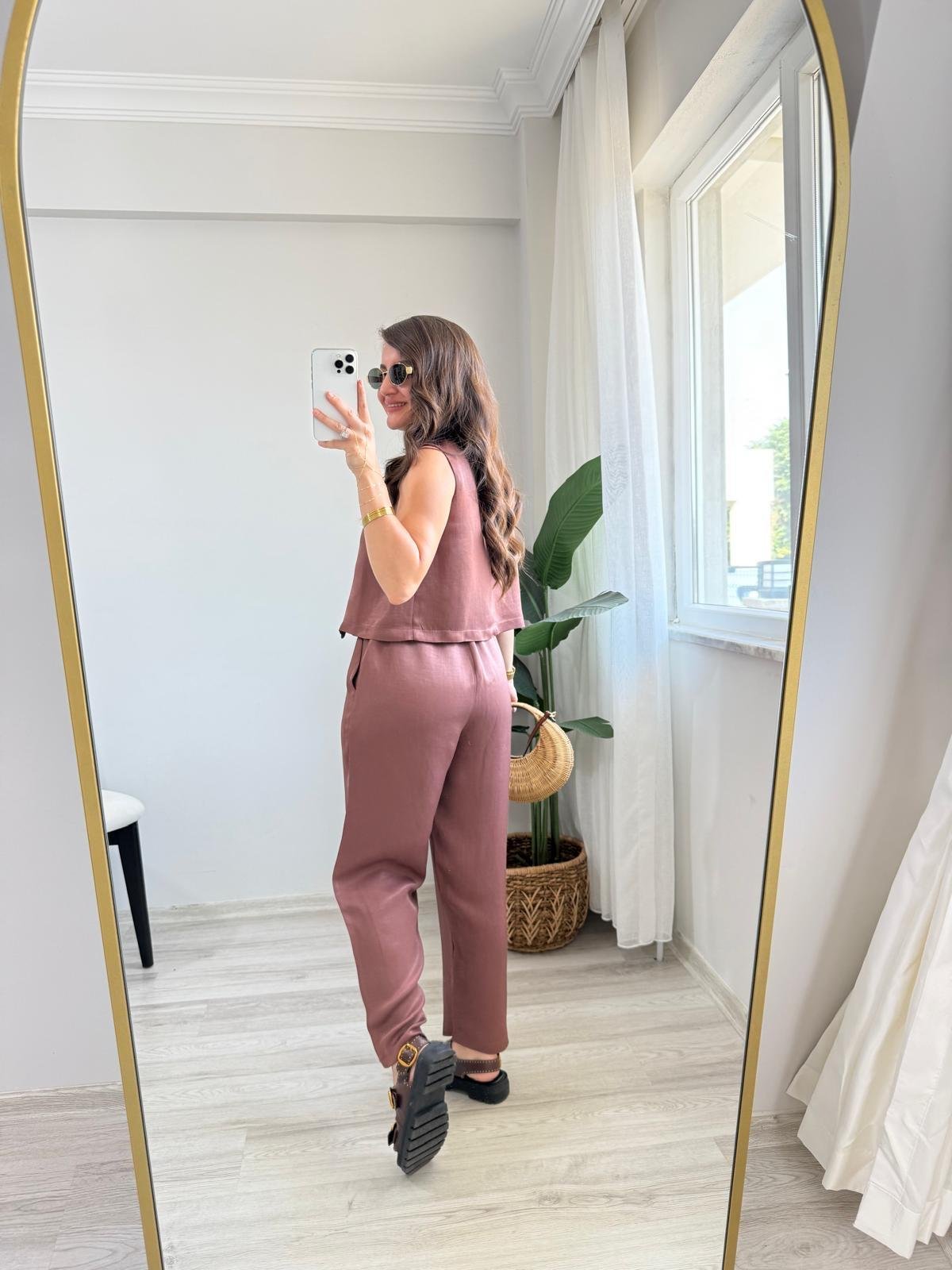 Kiremit Parlak Çapraz Düğme Detaylı Bluz Pantolon Takım 0611