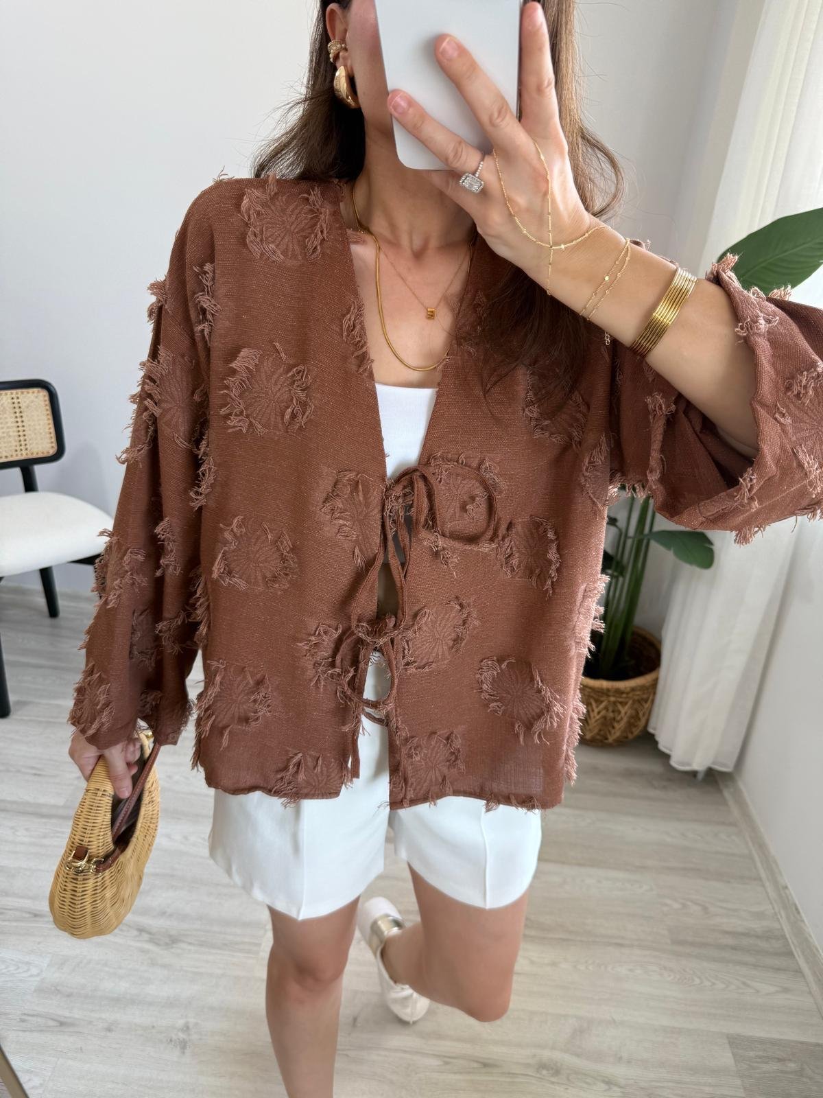 Kiremit Püskül Detaylı Ön Bağlamalı Kimono 7012