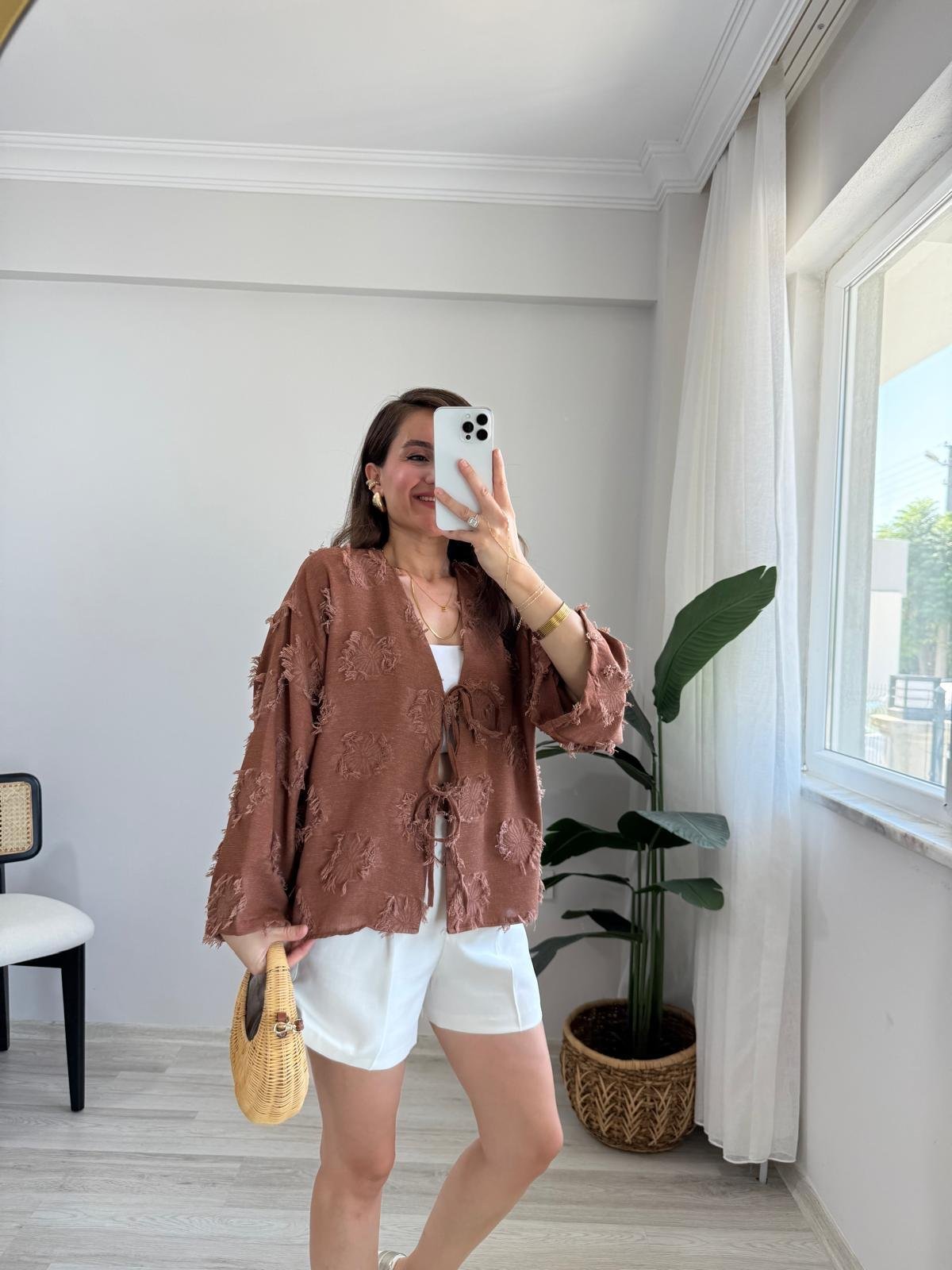 Kiremit Püskül Detaylı Ön Bağlamalı Kimono 7012