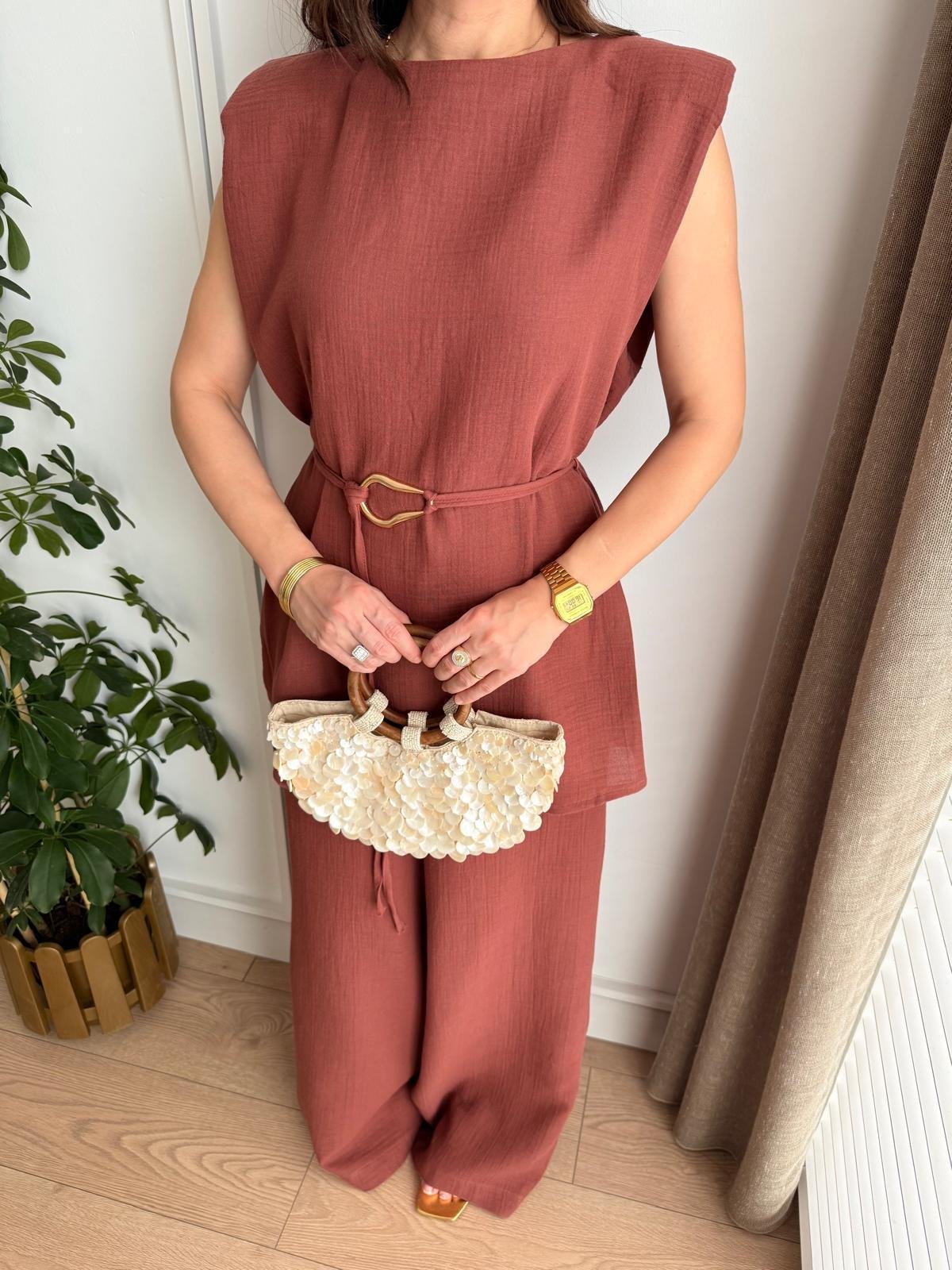 Kiremit Vatkalı Bluz Geniş Paça Pantolon Takım 8720