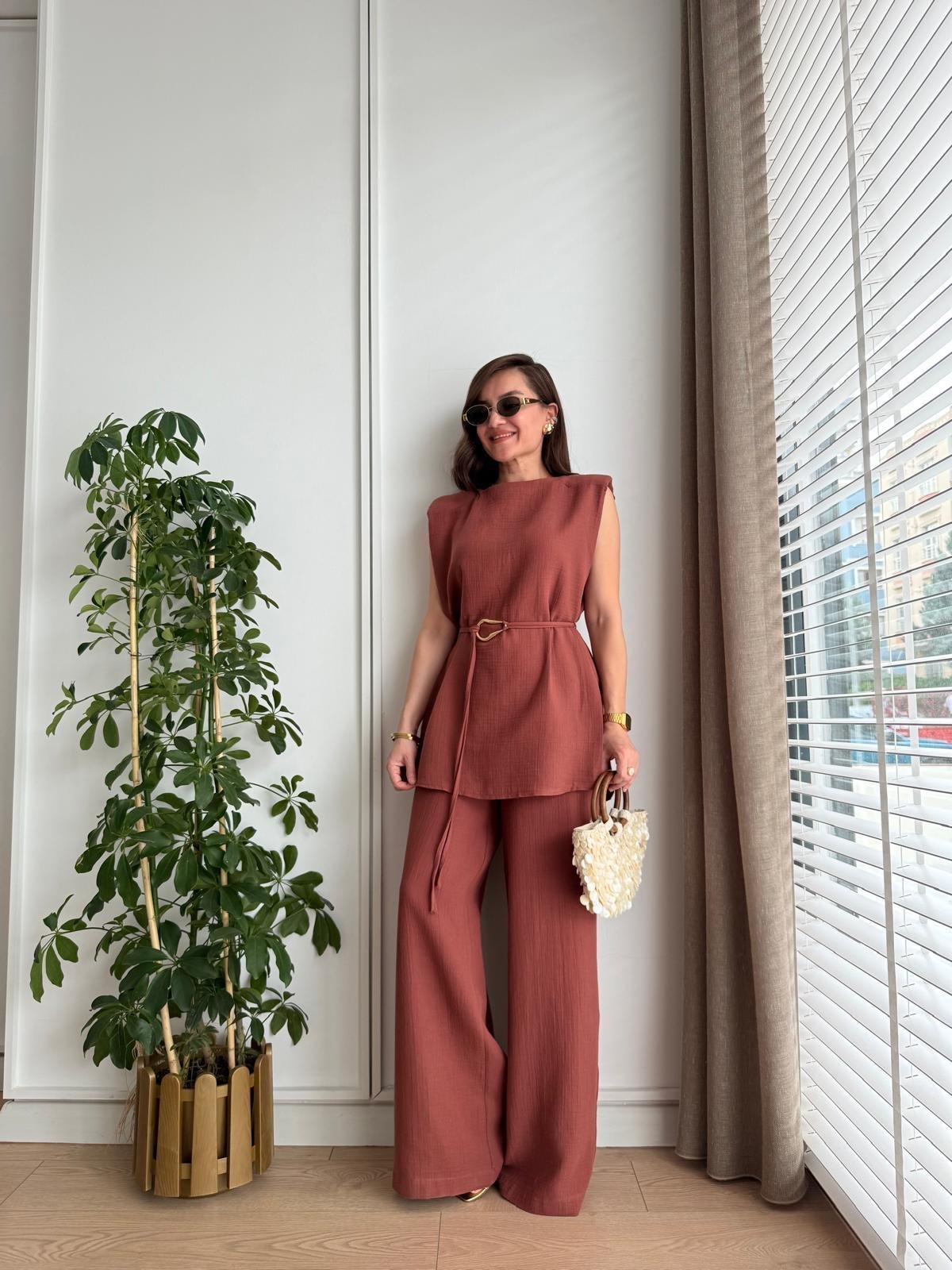 Kiremit Vatkalı Bluz Geniş Paça Pantolon Takım 8720