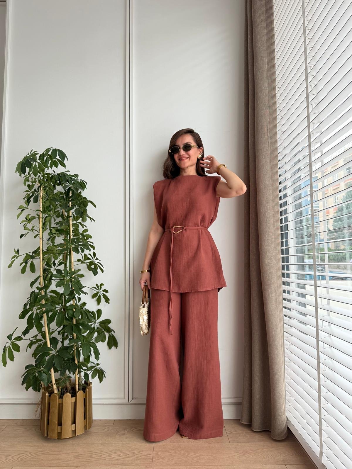 Kiremit Vatkalı Bluz Geniş Paça Pantolon Takım 8720