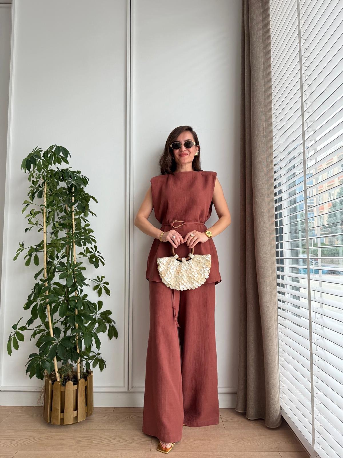 Kiremit Vatkalı Bluz Geniş Paça Pantolon Takım 8720