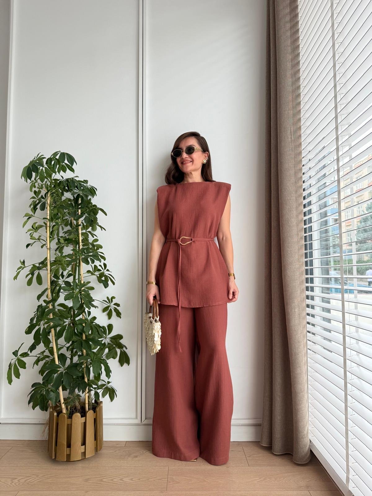 Kiremit Vatkalı Bluz Geniş Paça Pantolon Takım 8720