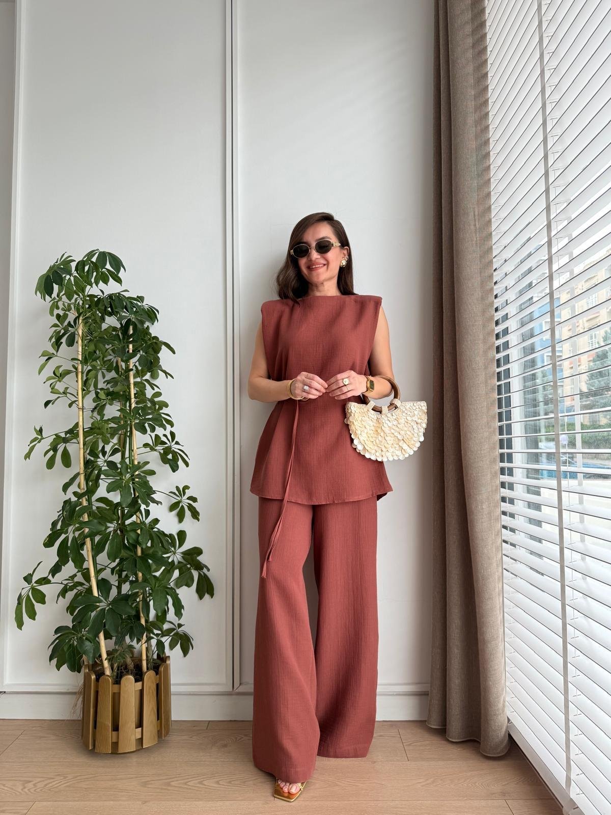 Kiremit Vatkalı Bluz Geniş Paça Pantolon Takım 8720