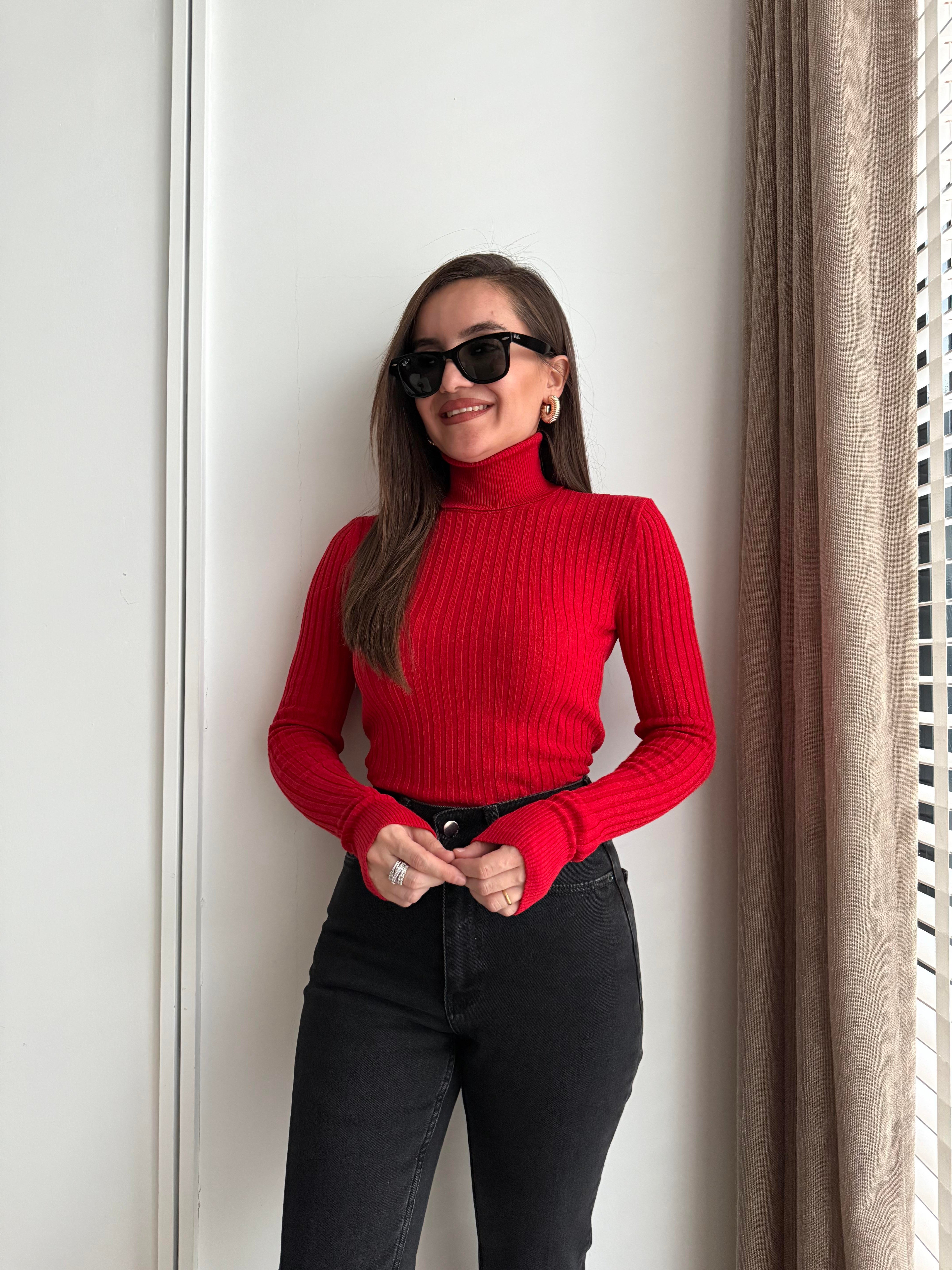 Kırmızı Balıkçı Yaka Fitilli Kazak 1072