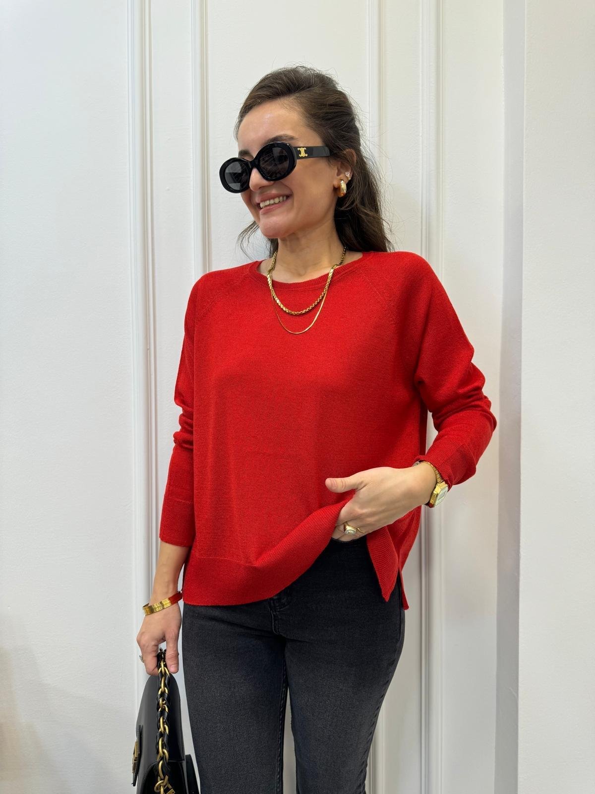 Kırmızı Bisiklet Yaka Simli Basic Triko Kazak 10557