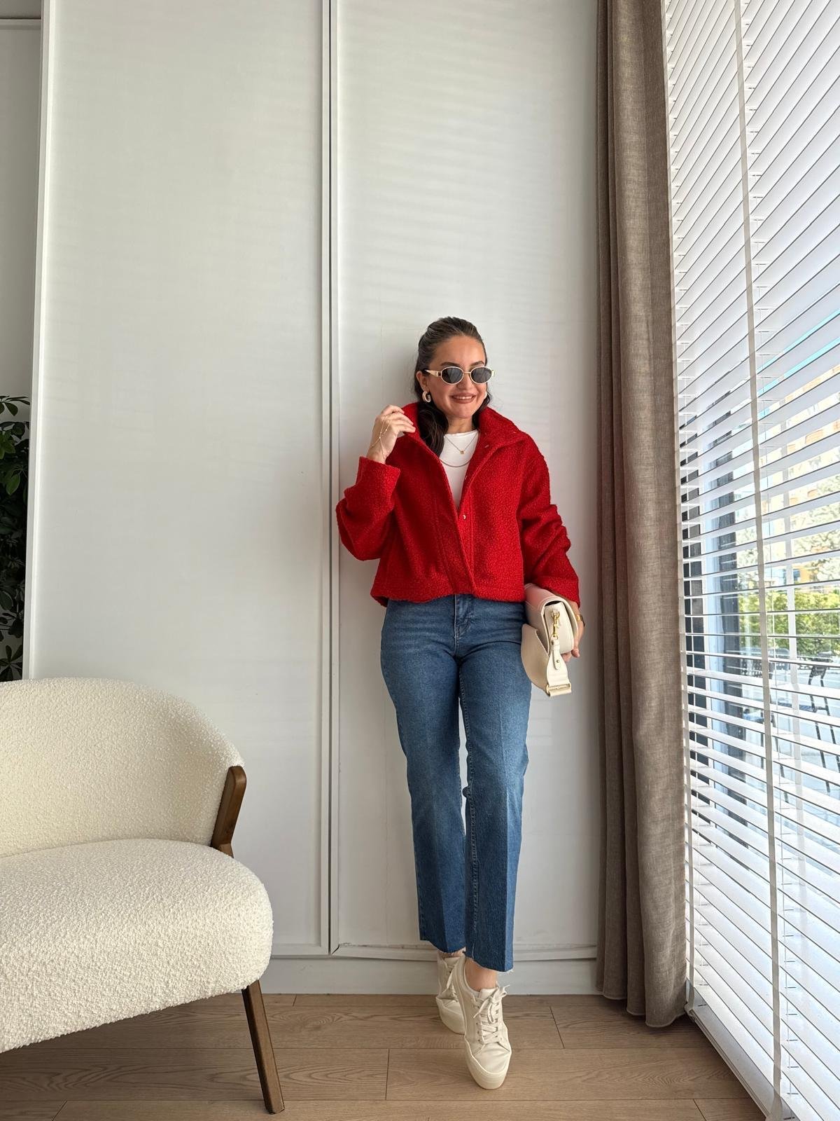 Kırmızı Çıtçıt Düğmeli Buklet Ceket 0146