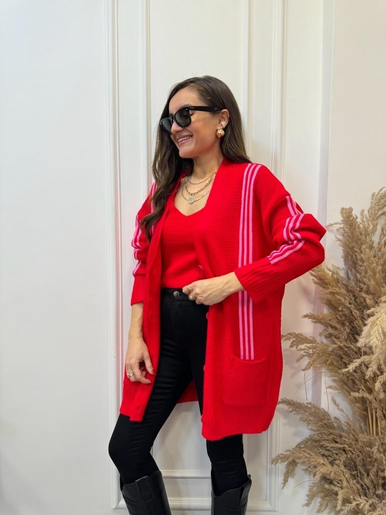 Kırmızı Çizgili Crop Hırka Takım 0023