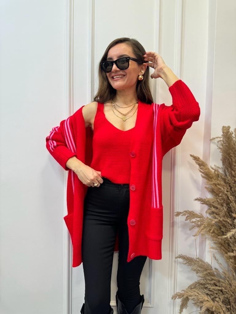 Kırmızı Çizgili Crop Hırka Takım 0023