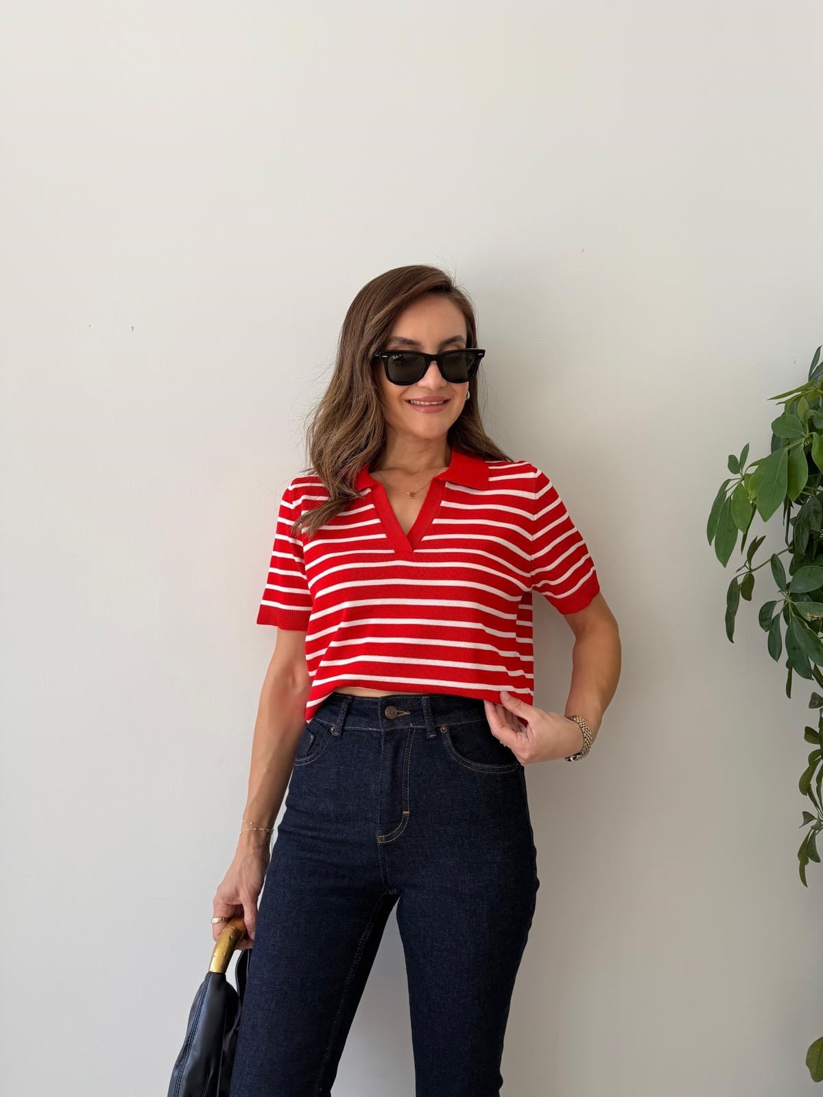 Kırmızı Çizgili Polo Yaka Triko Tshirt 5526