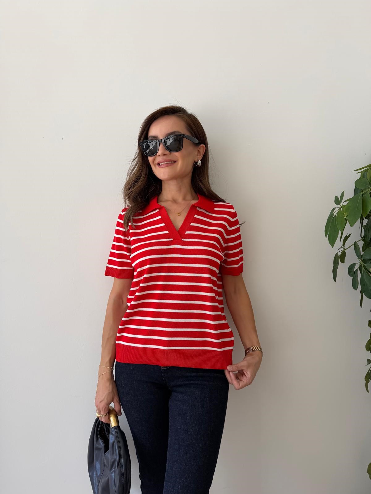 Kırmızı Çizgili Polo Yaka Triko Tshirt 5526