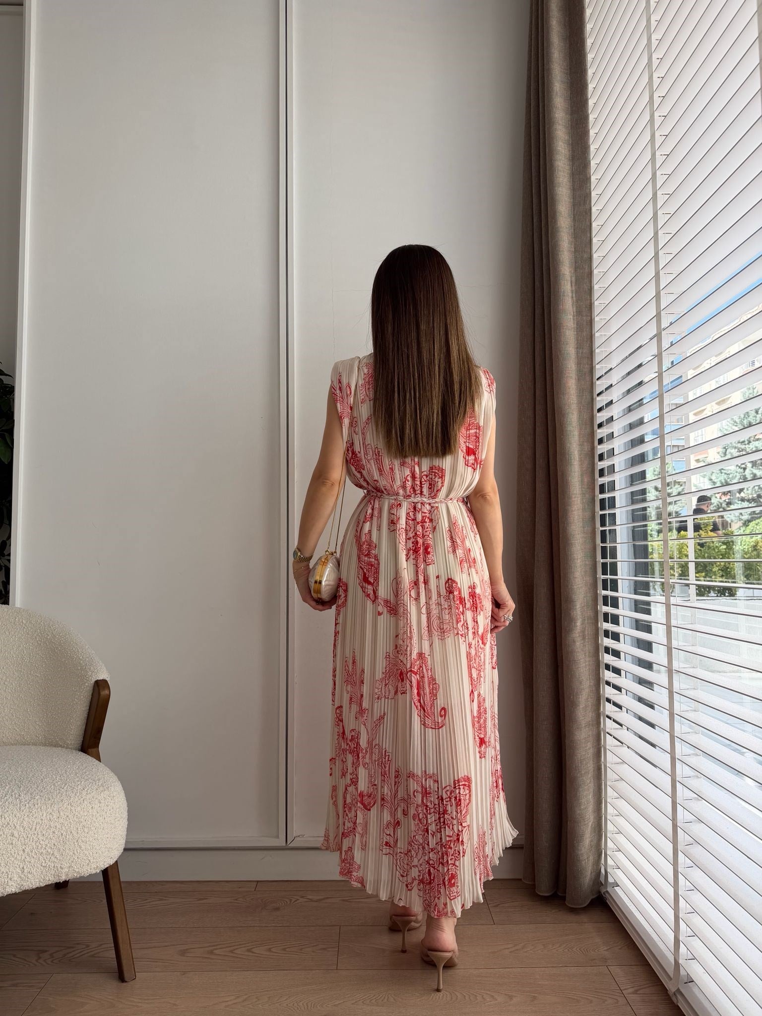 Kırmızı Desenli Piliseli Örgü Kemerli Şifon Elbise 6124
