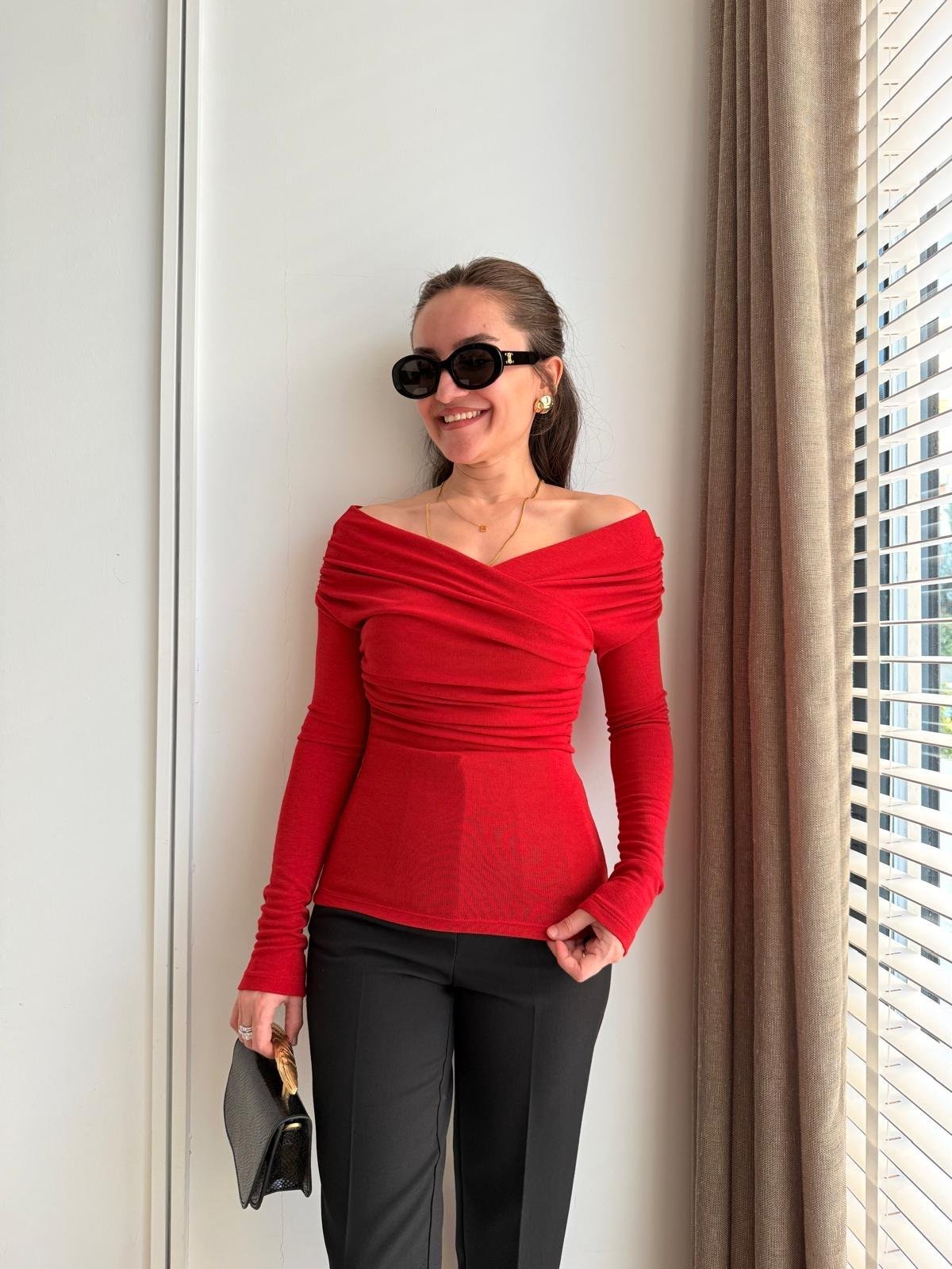 Kırmızı Drape Detaylı Bluz 0663
