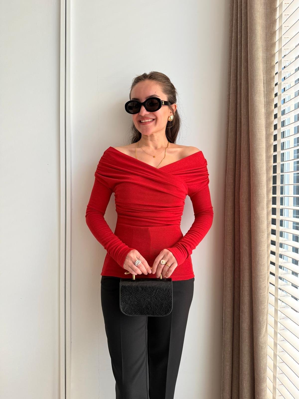 Kırmızı Drape Detaylı Bluz 0663