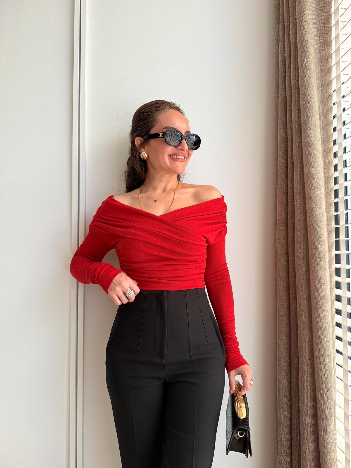 Kırmızı Drape Detaylı Bluz 0663