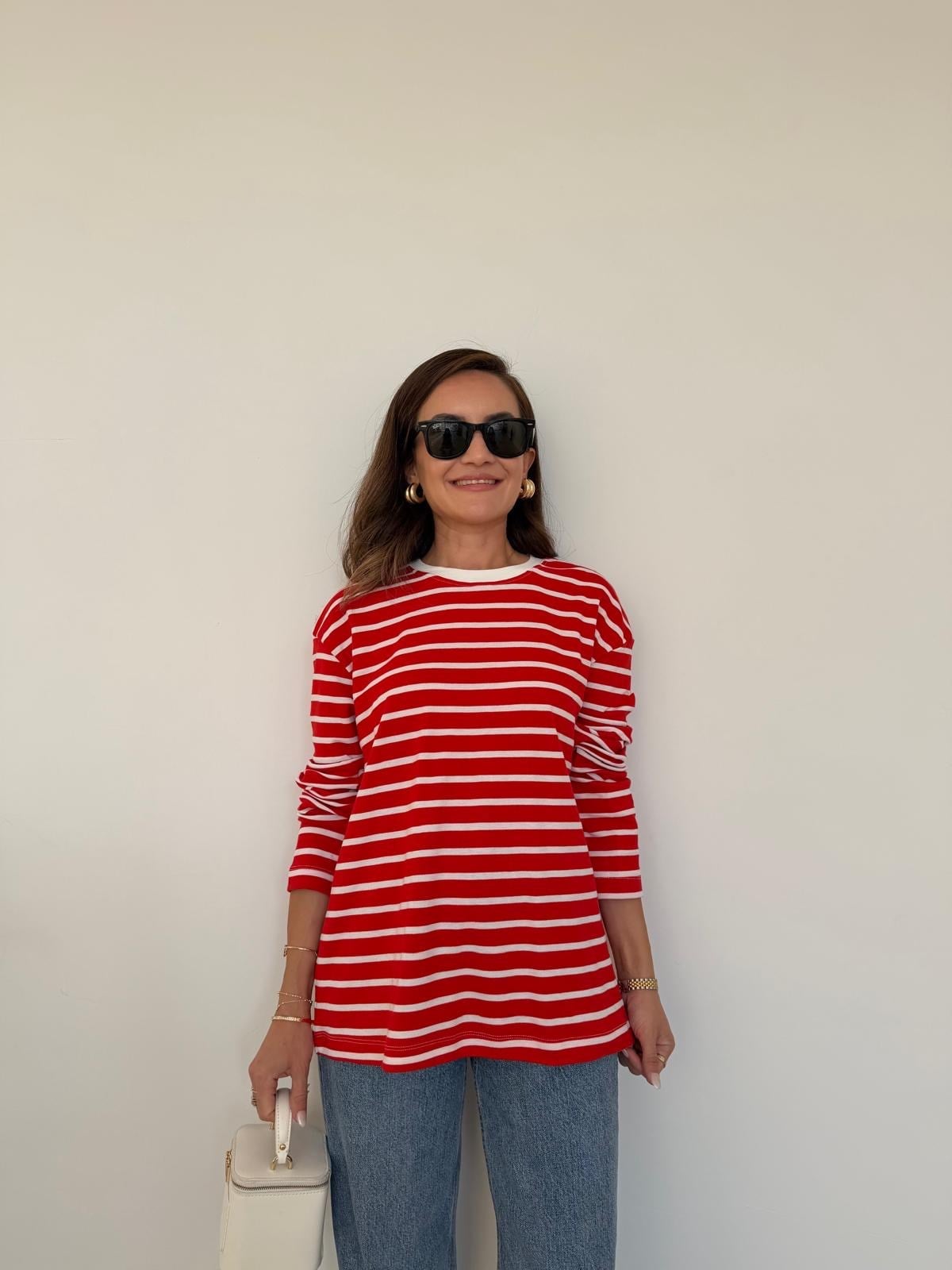 Kırmızı Ekru Çizgili Basic Sweatshirt 261147