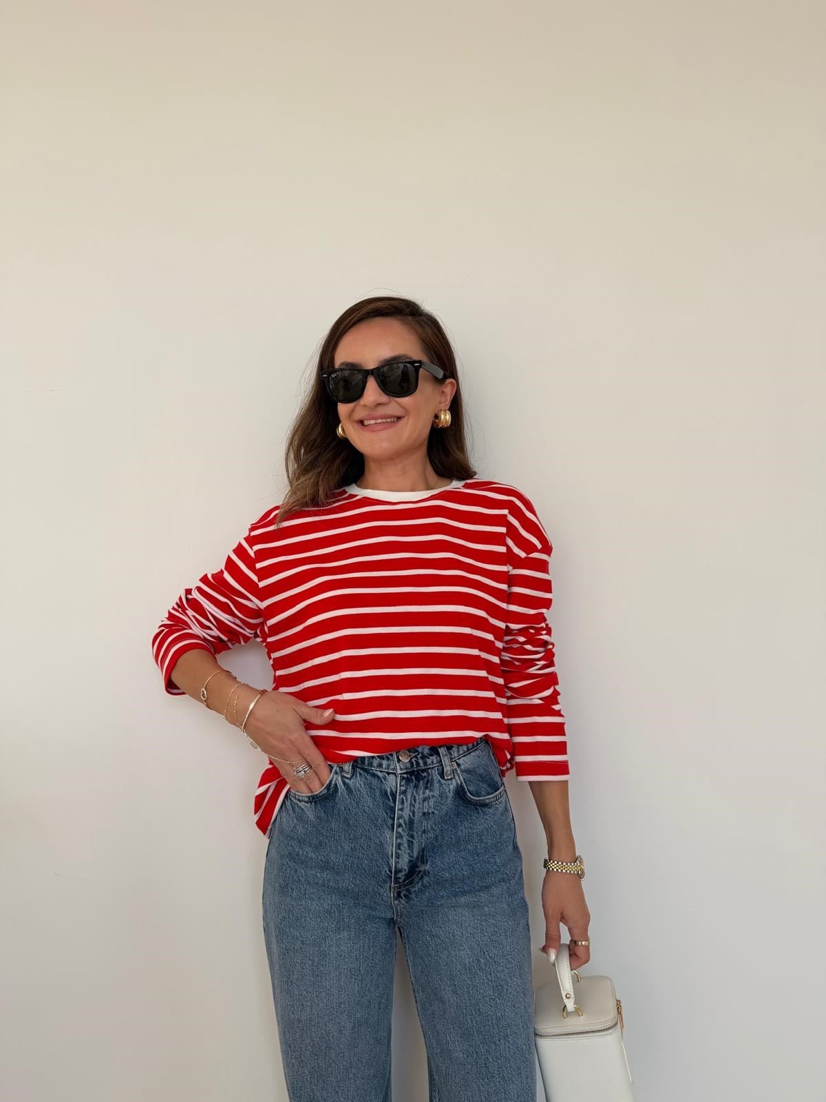 Kırmızı Ekru Çizgili Basic Sweatshirt 261147