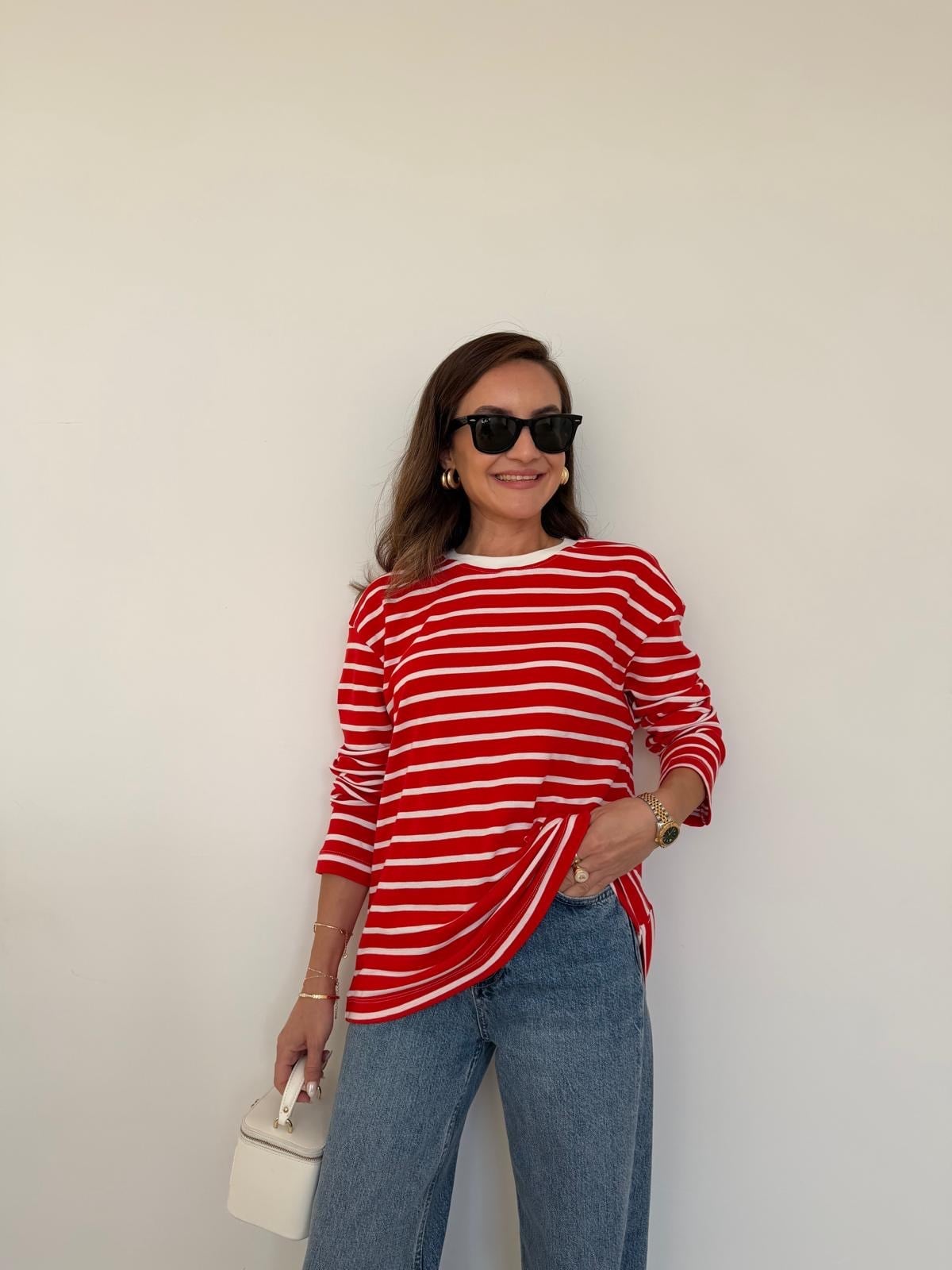 Kırmızı Ekru Çizgili Basic Sweatshirt 261147