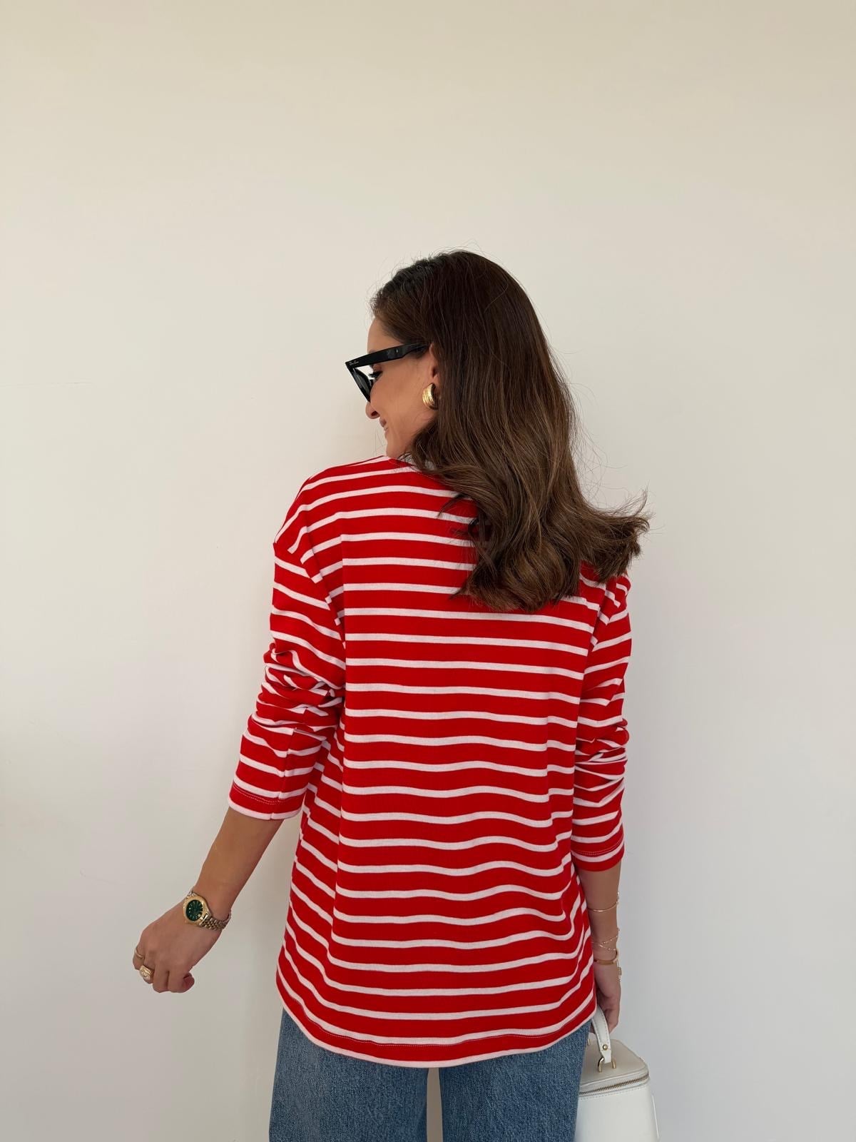 Kırmızı Ekru Çizgili Basic Sweatshirt 261147