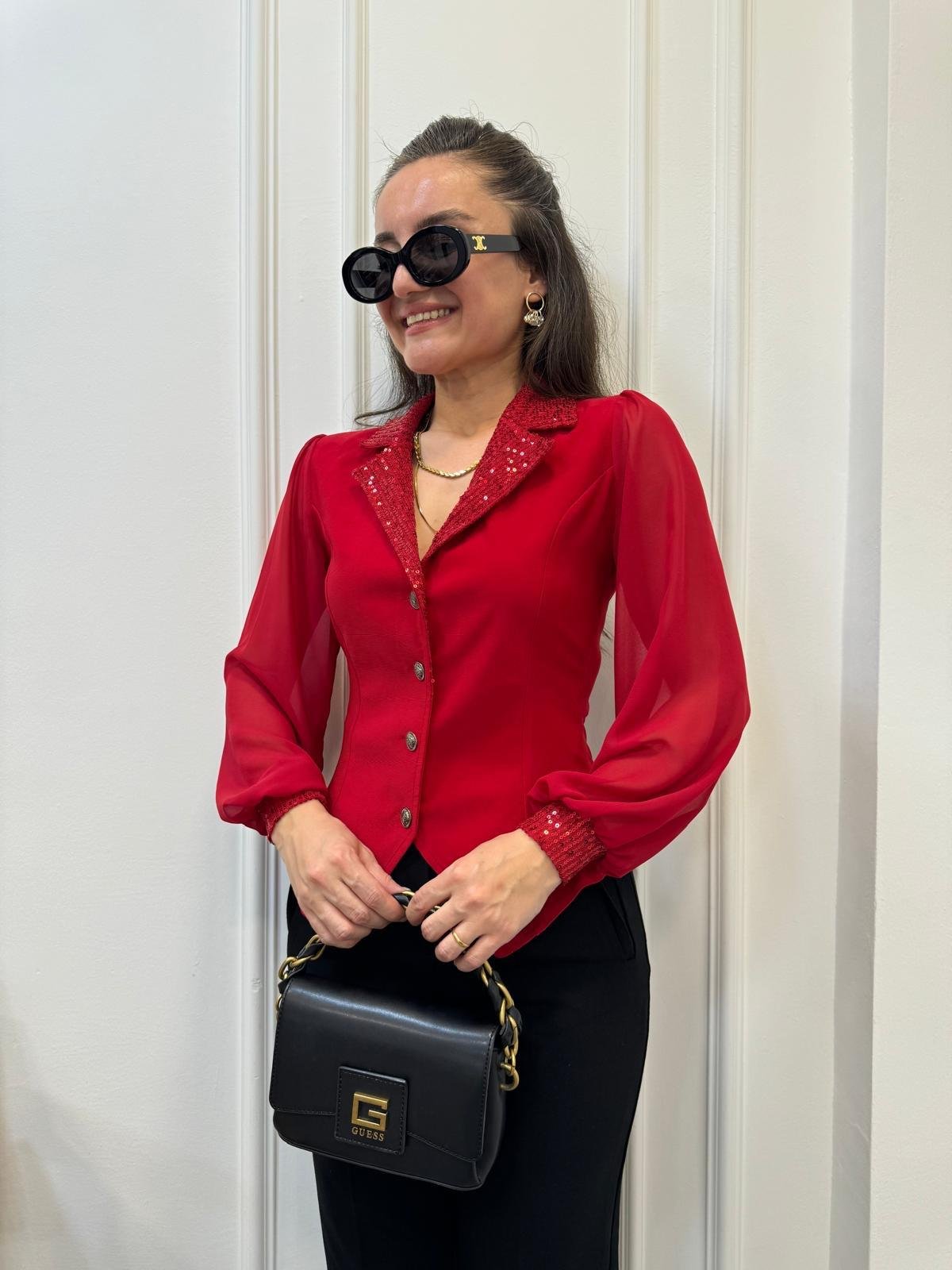 Kırmızı Kolları Şifon Payet Detaylı Bluz 2784