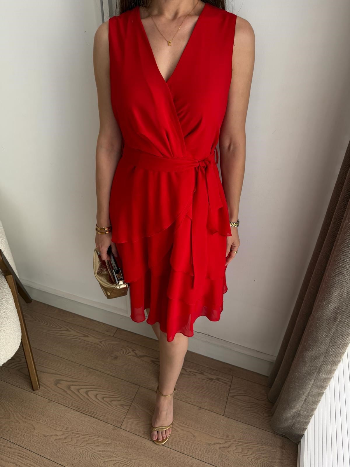 Kırmızı Kruvaze Yaka Volanlı Şifon Elbise 5144