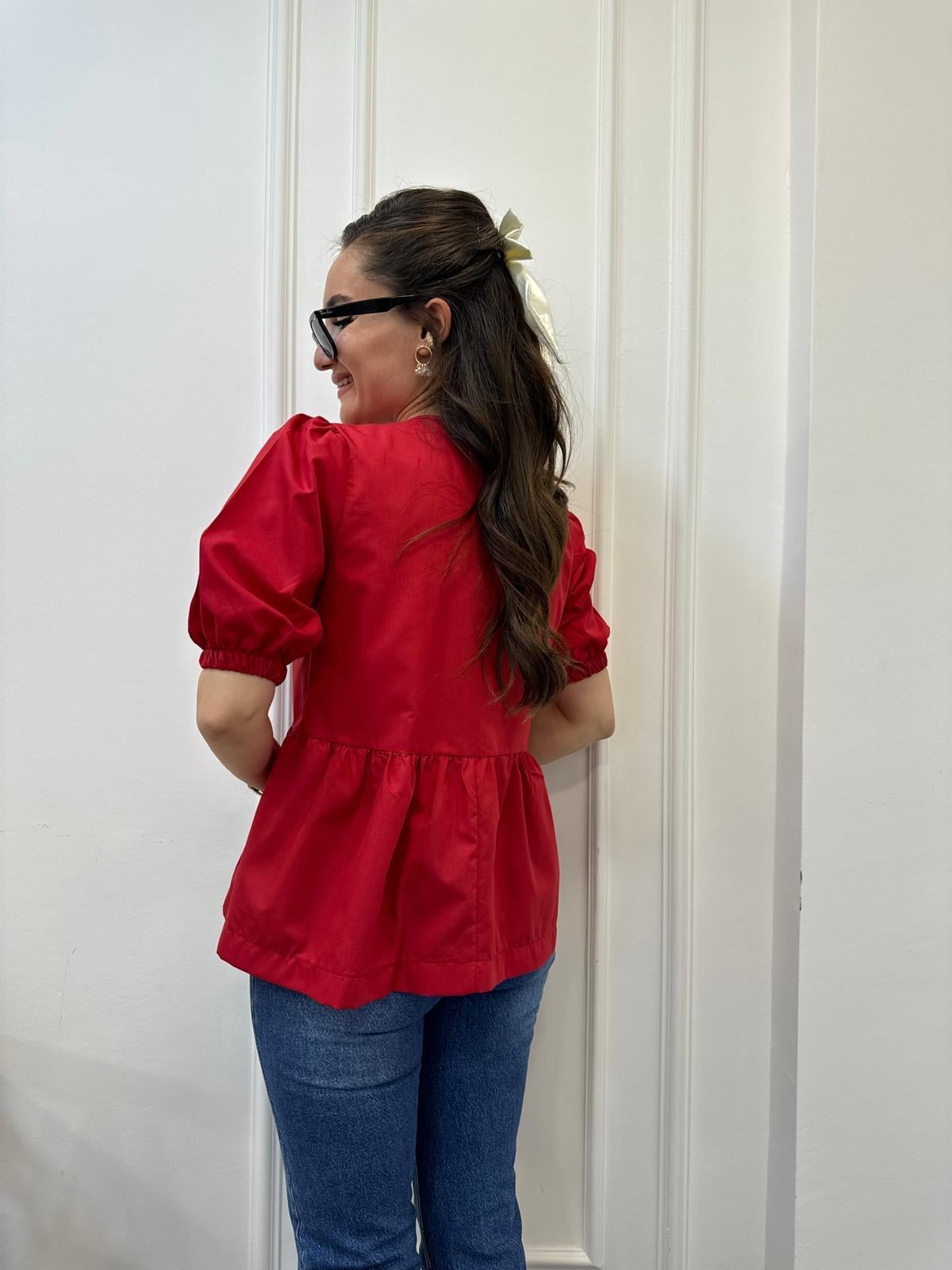 Kırmızı Kurdele Bağlamalı Tasarım Bluz 34639