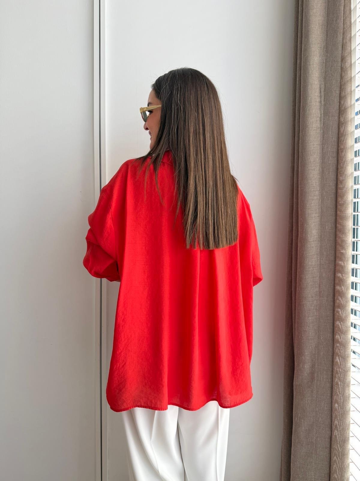 Kırmızı Lüx Kalite Oversize Gömlek 4612