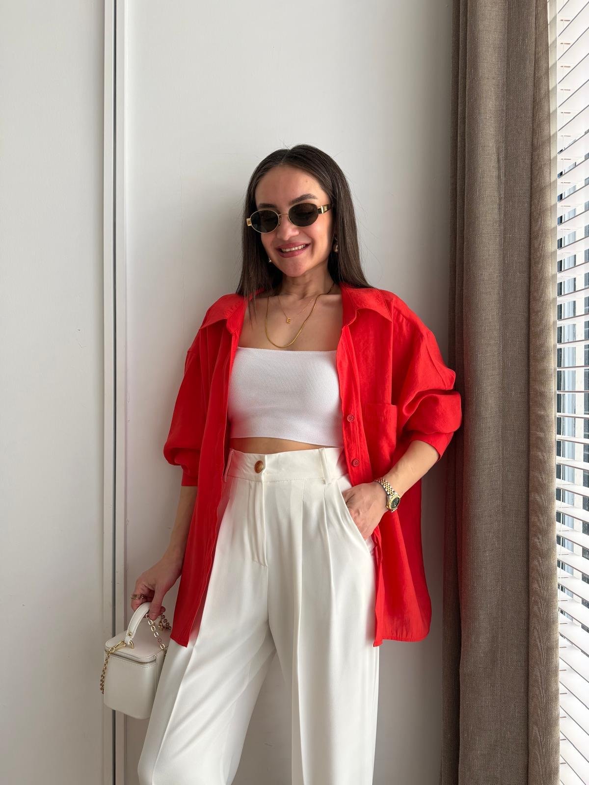 Kırmızı Lüx Kalite Oversize Gömlek 4612