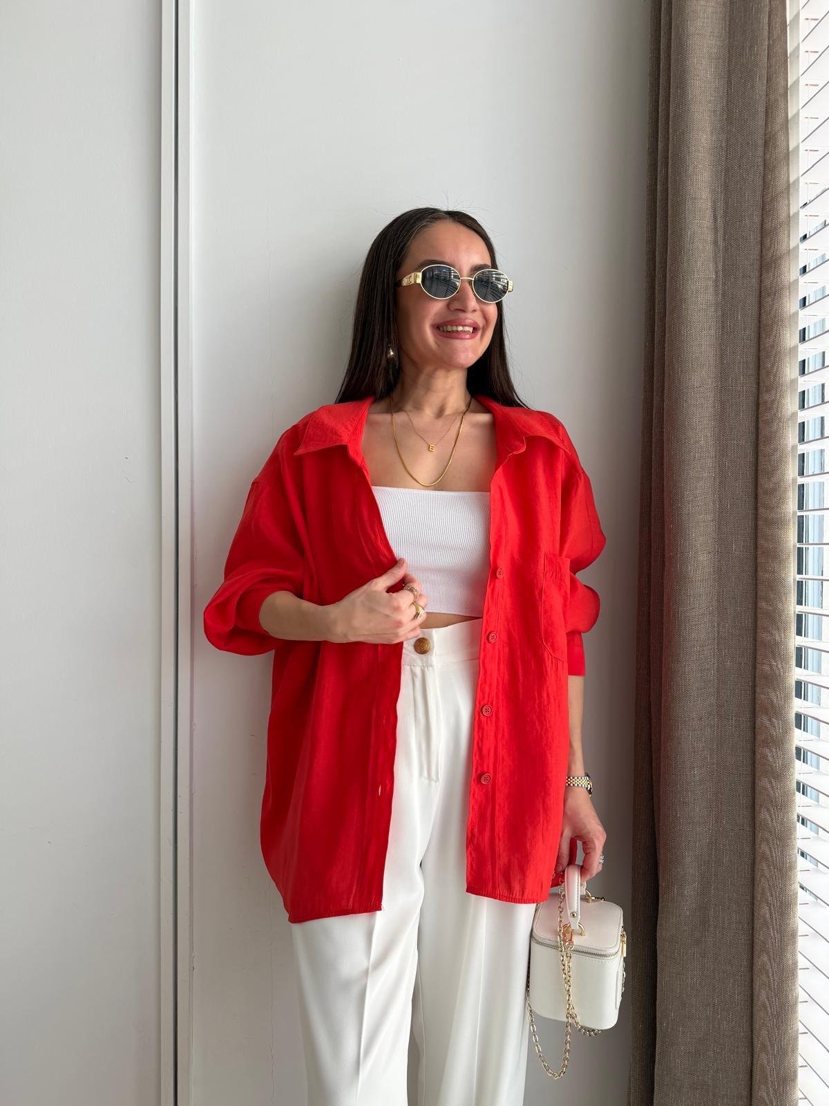 Kırmızı Lüx Kalite Oversize Gömlek 4612