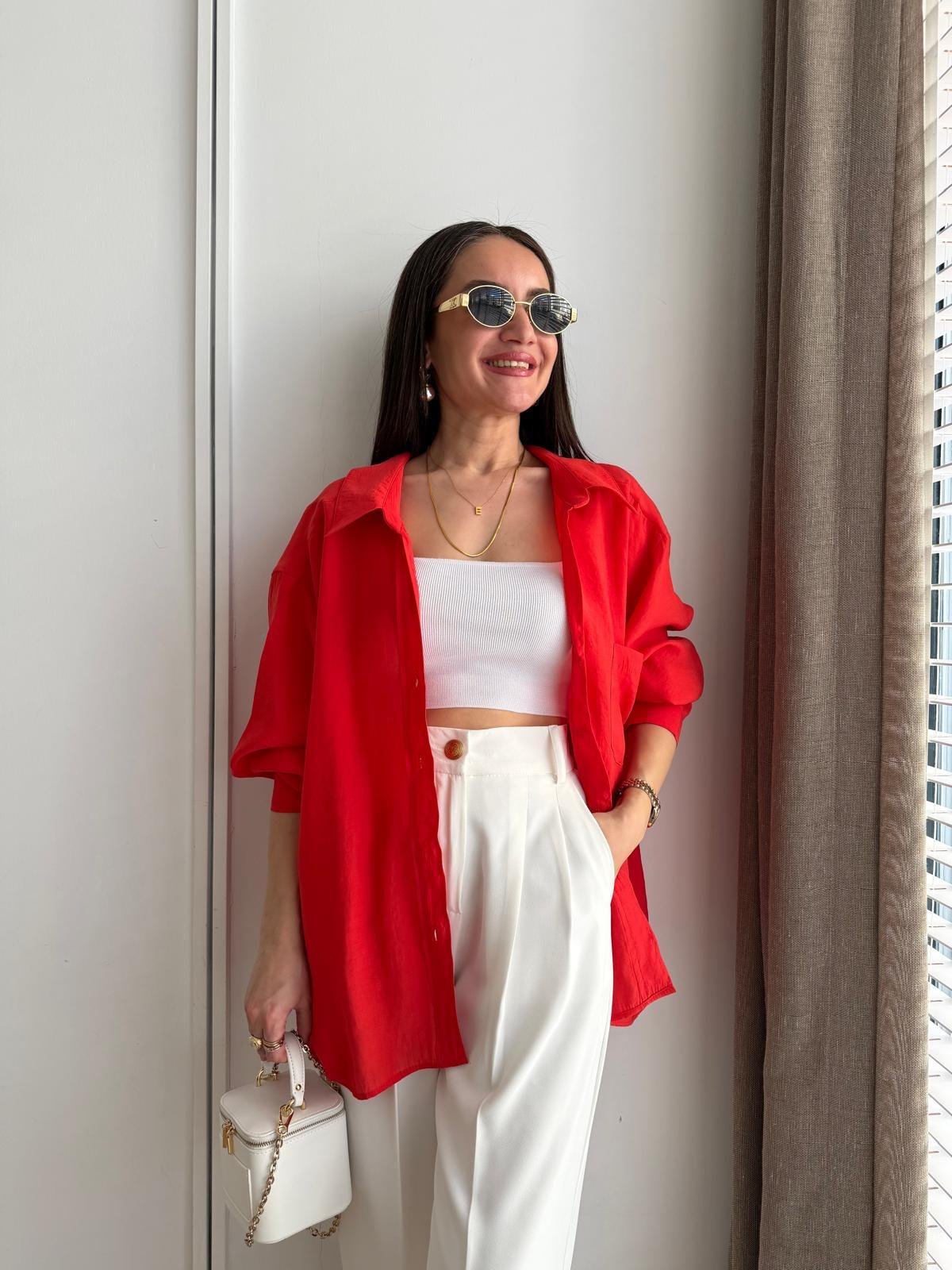 Kırmızı Lüx Kalite Oversize Gömlek 4612