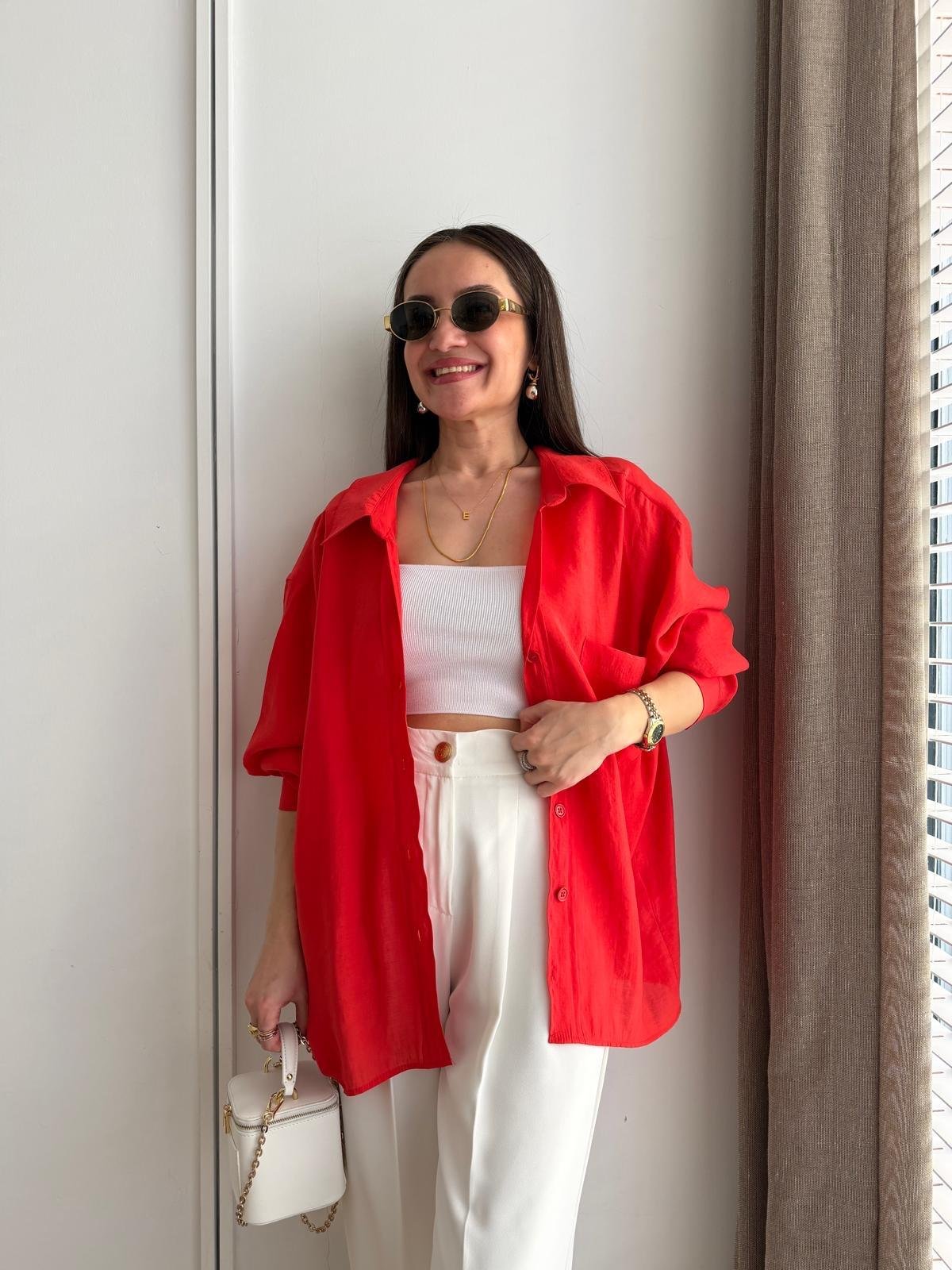 Kırmızı Lüx Kalite Oversize Gömlek 4612