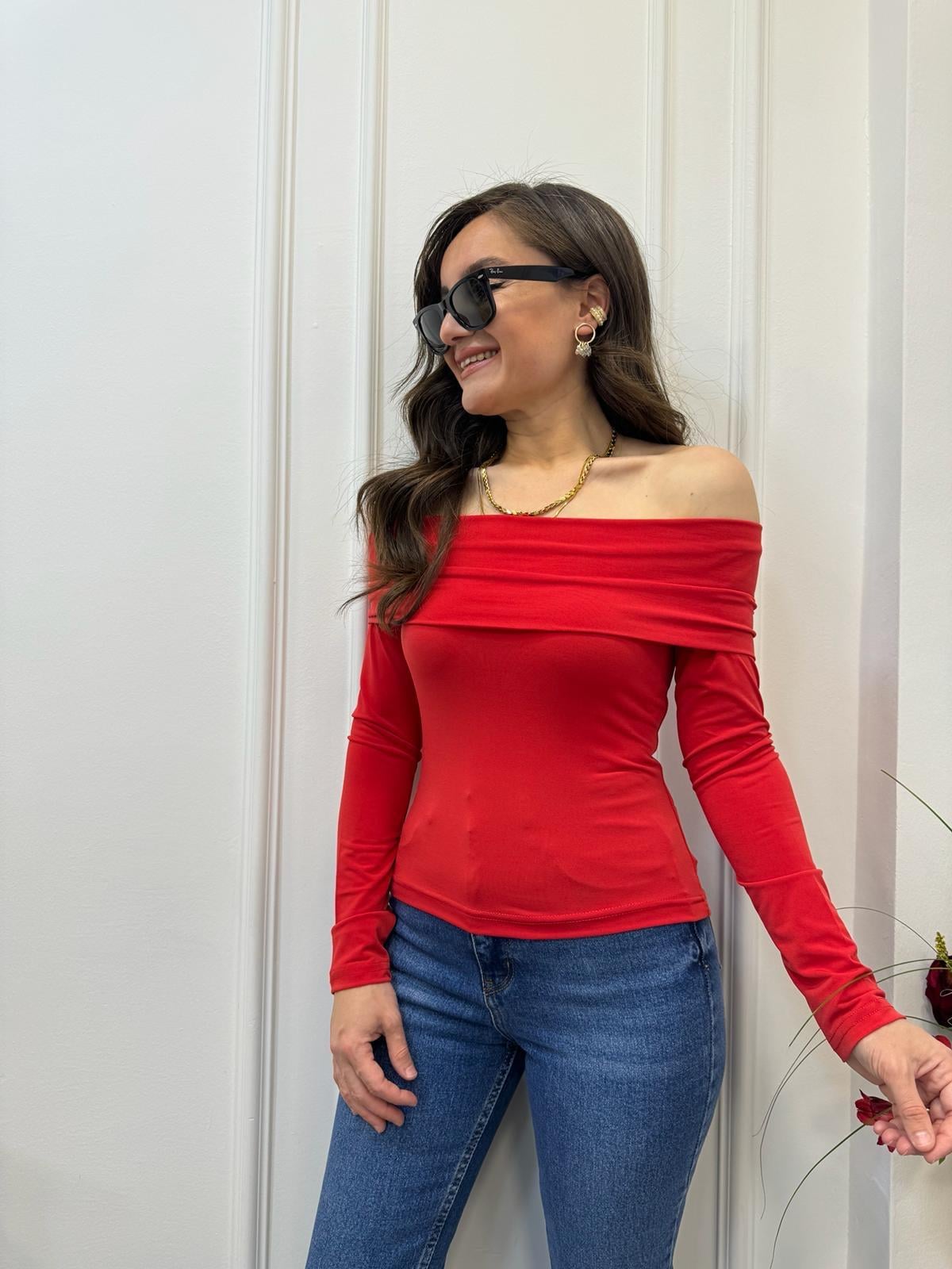 Kırmızı Madonna Yaka Bluz 58569