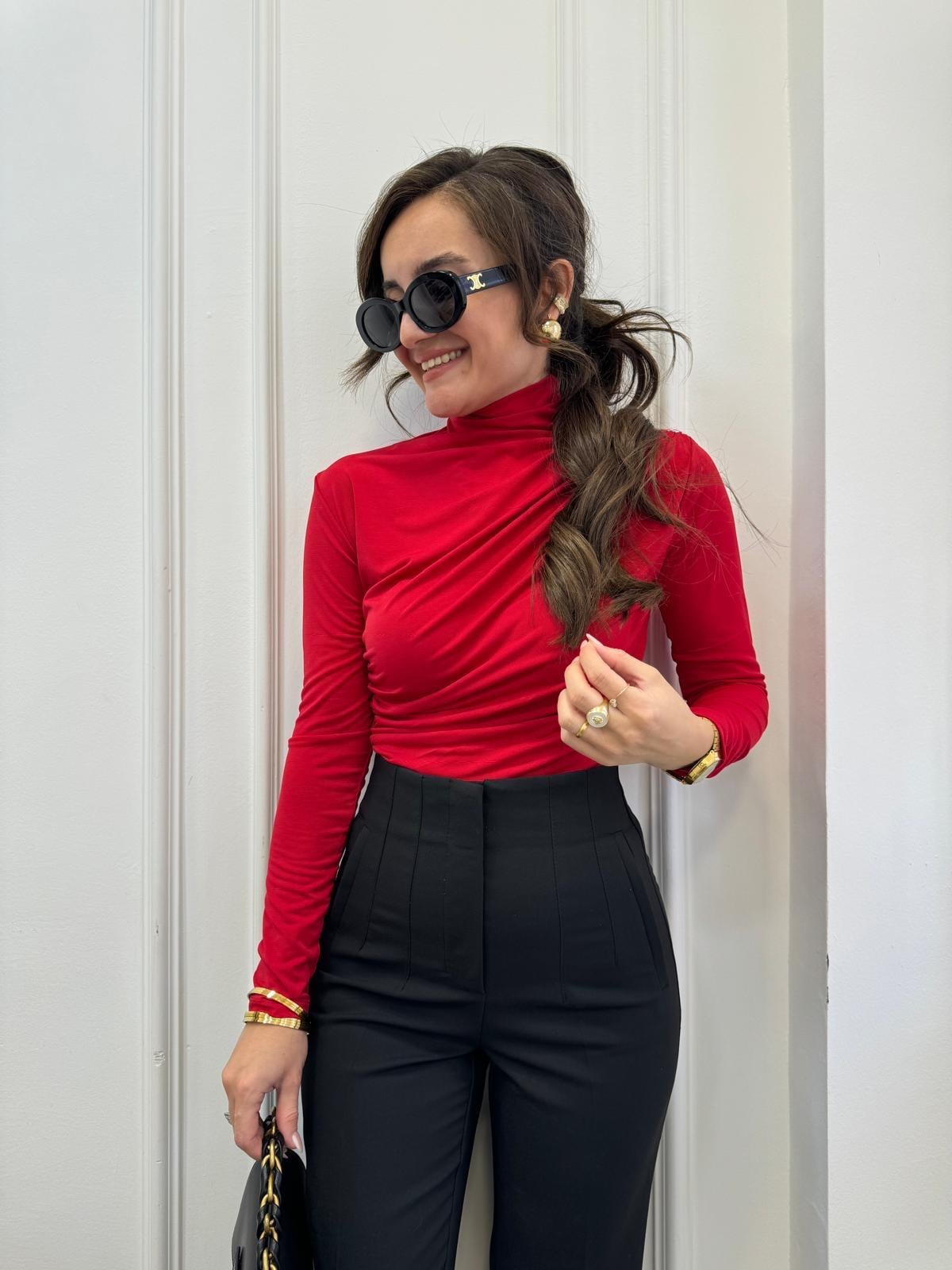 Kırmızı Omuz Drape Detaylı Tasarım Bluz 7043