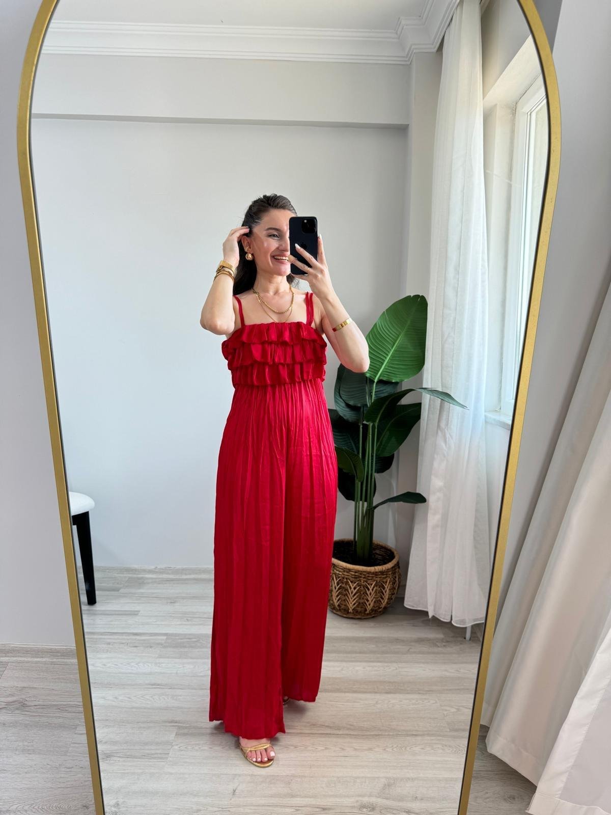 Kırmızı Önü Fırfır Detaylı Saten Tulum 6426