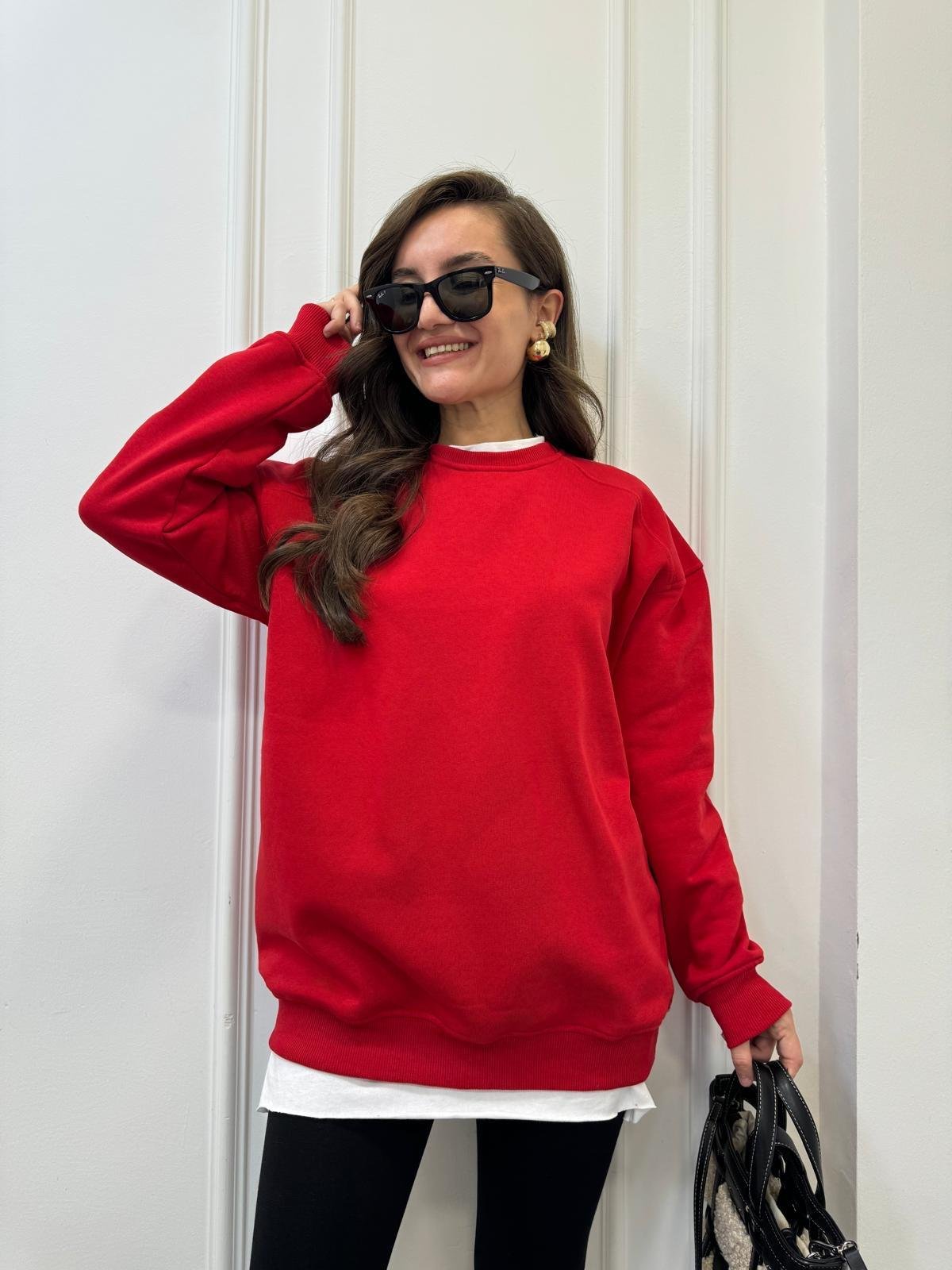 Kırmızı Oversize Bisiklet Yaka Sweatshırt 7912