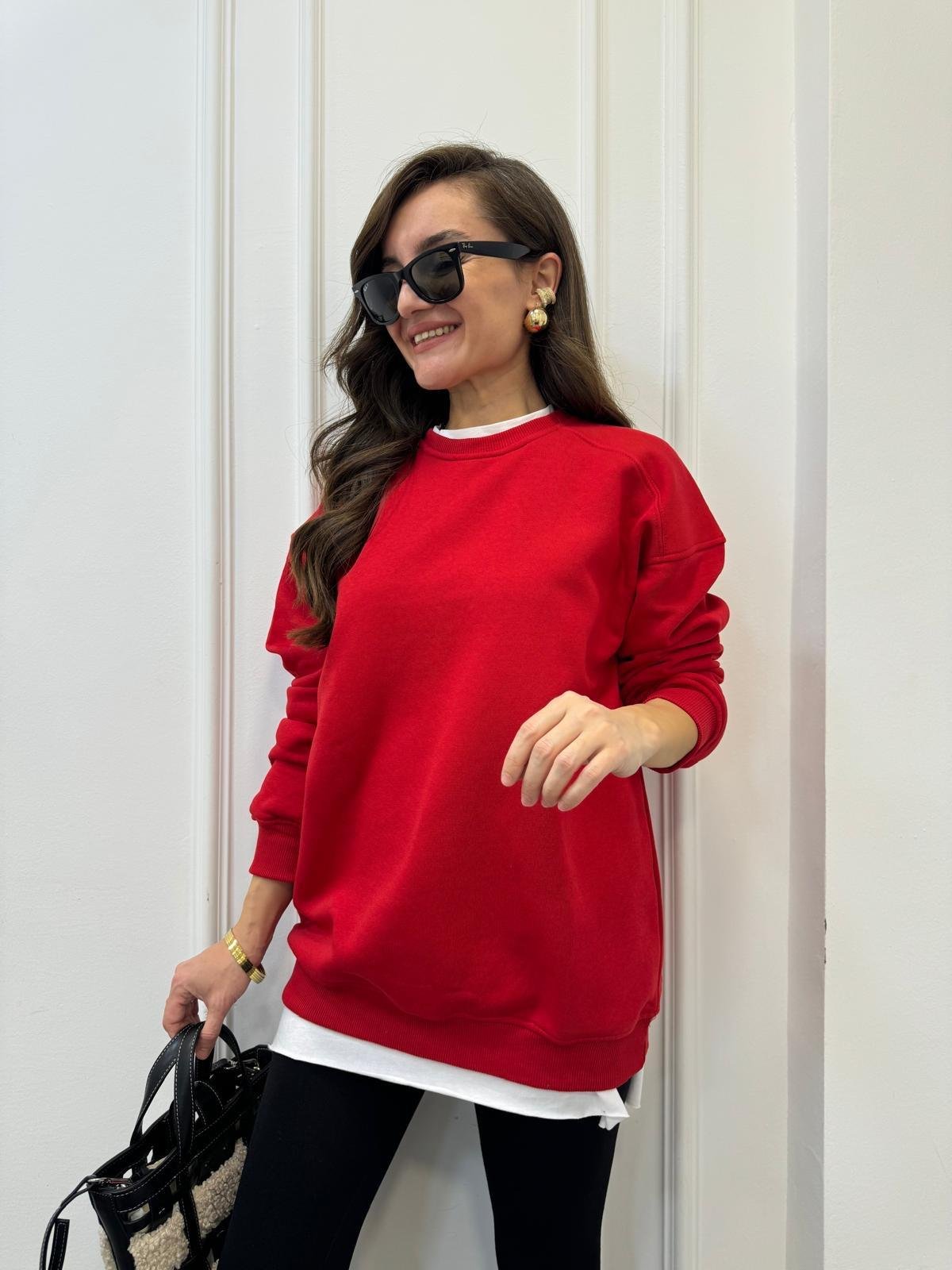 Kırmızı Oversize Bisiklet Yaka Sweatshırt 7912