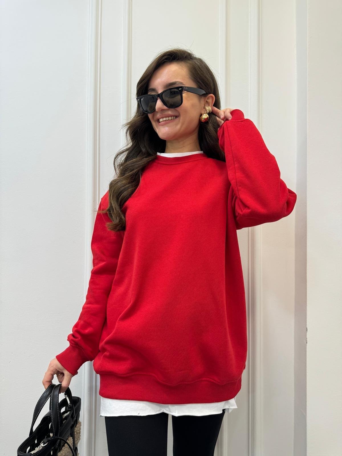 Kırmızı Oversize Bisiklet Yaka Sweatshırt 7912