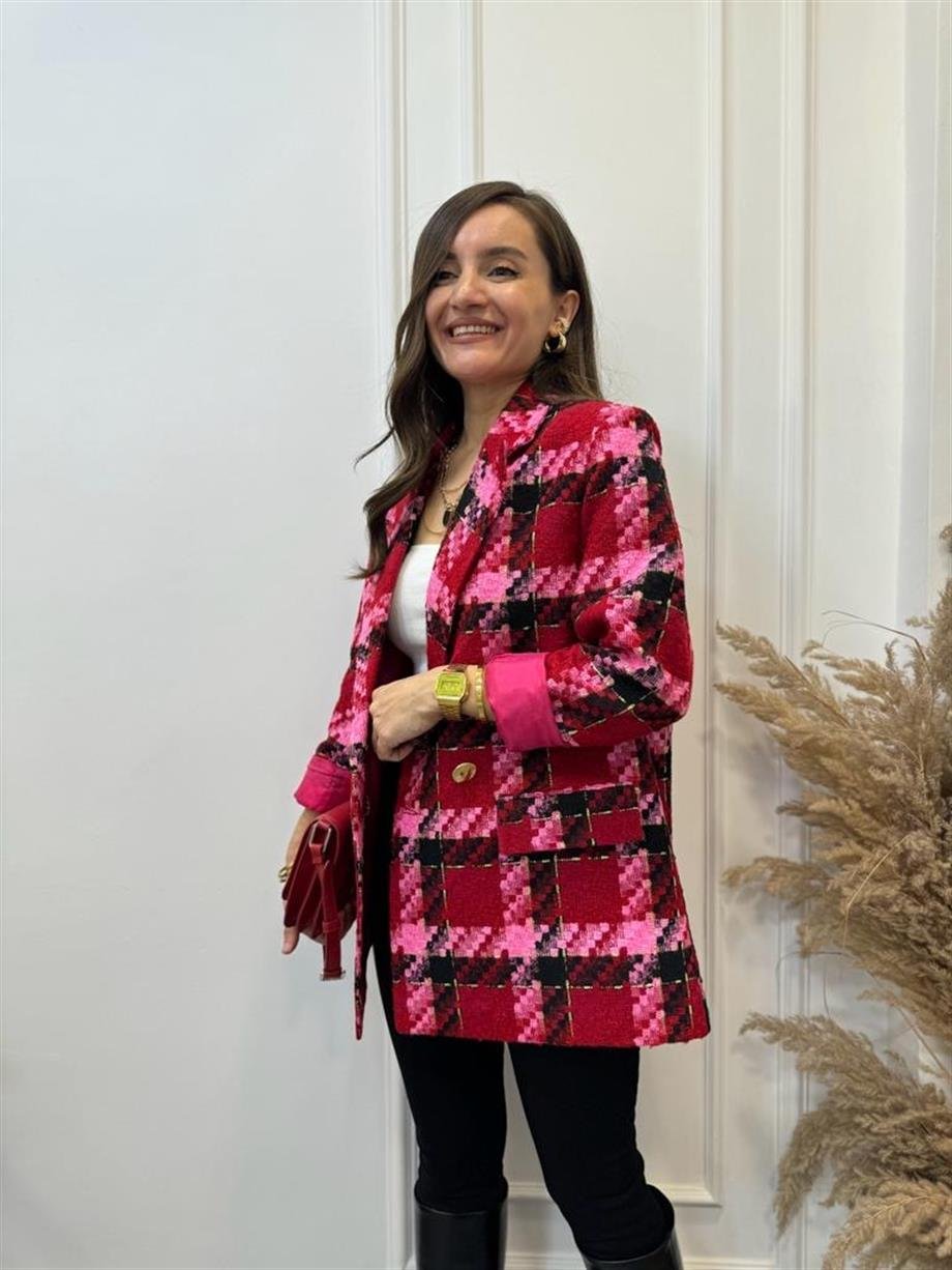 Kırmızı Pembe Ekose Blazer Ceket 2018