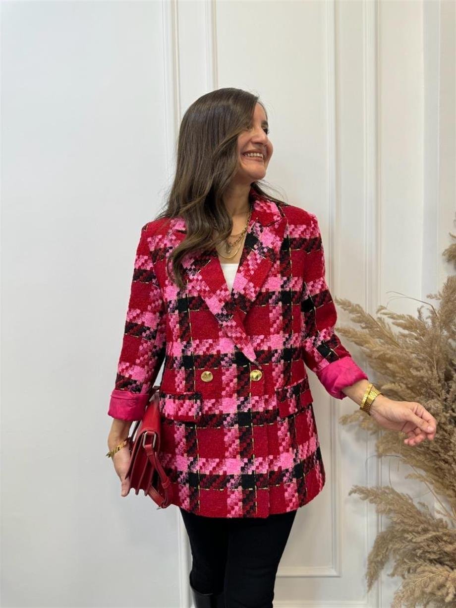 Kırmızı Pembe Ekose Blazer Ceket 2018