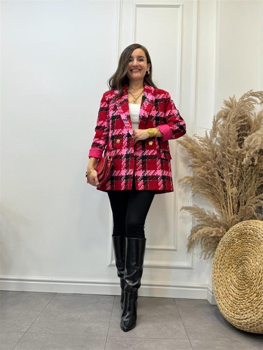 Kırmızı Pembe Ekose Blazer Ceket 2018